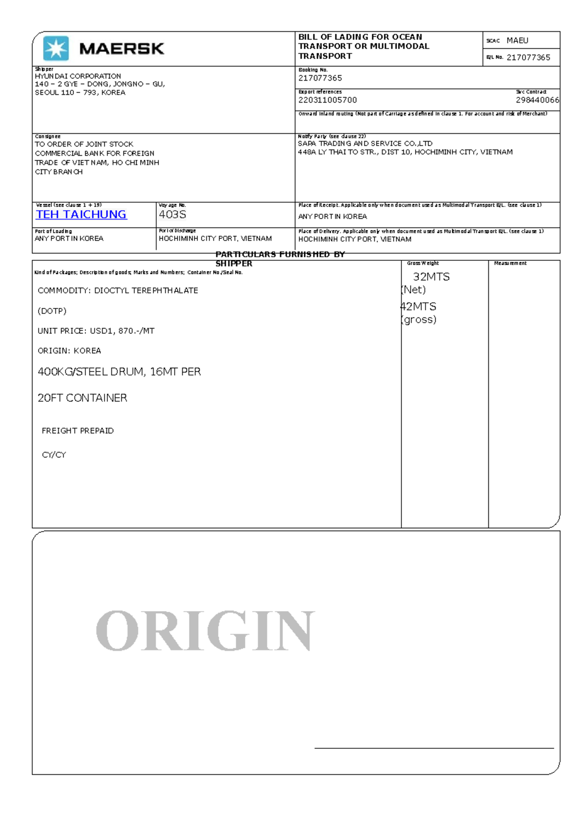 Ngọc My BL 211123 - BILL OF LADING FOR OCEAN TRANSPORT OR MULTIMODAL ...