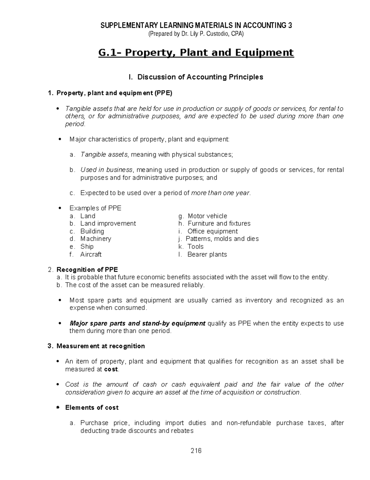 Property Plant and Equipment - SUPPLEMENTARY LEARNING MATERIALS IN ...