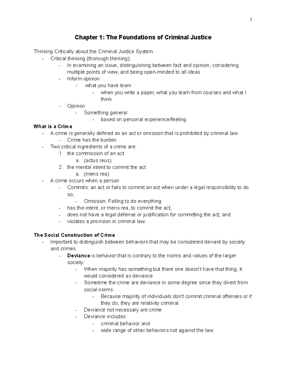 CCRM 101 Notes - Midterm - Chapter 1: The Foundations of Criminal ...