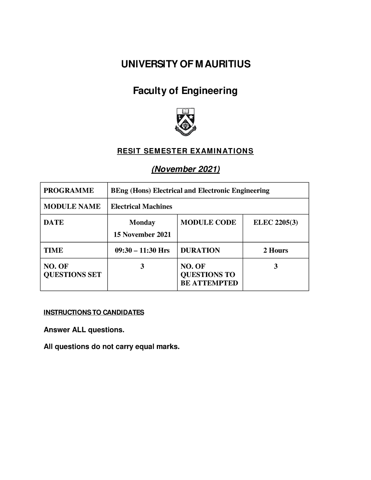 ELEC2205 3 2021 R - exam questions - UNIVERSITY OF M AURITIUS Faculty ...