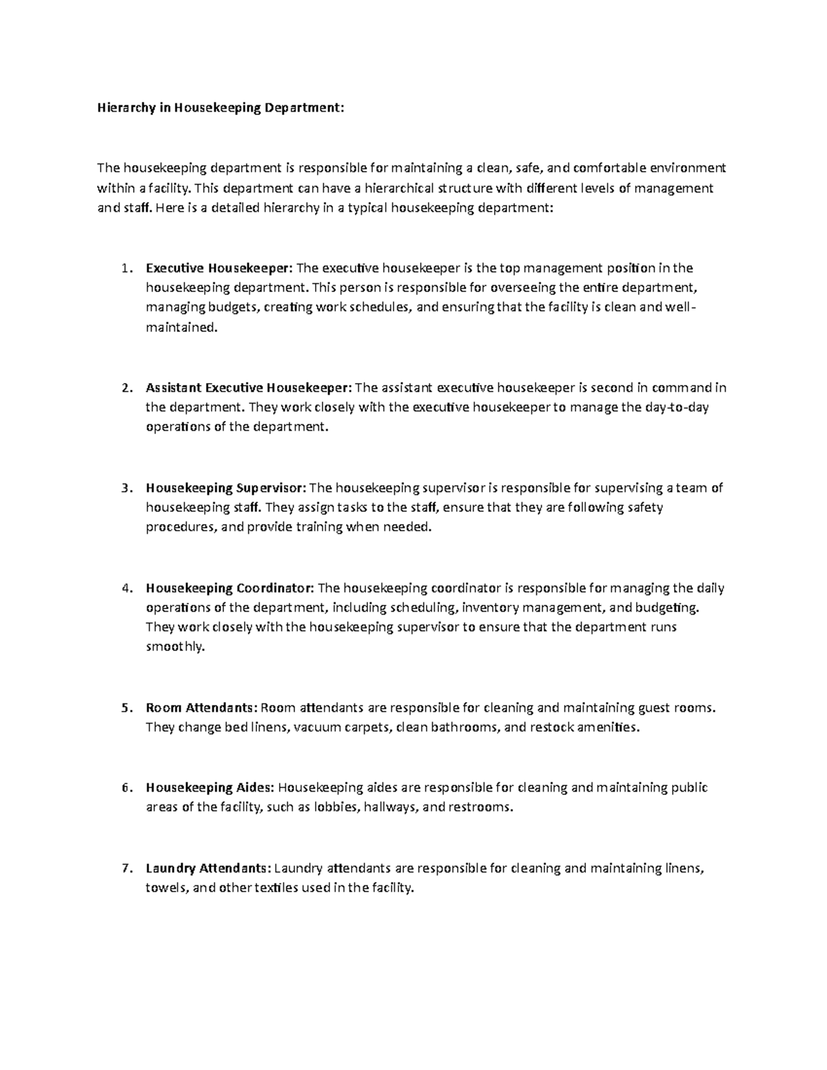 Hierarchy in Housekeeping Department - This department can have a ...