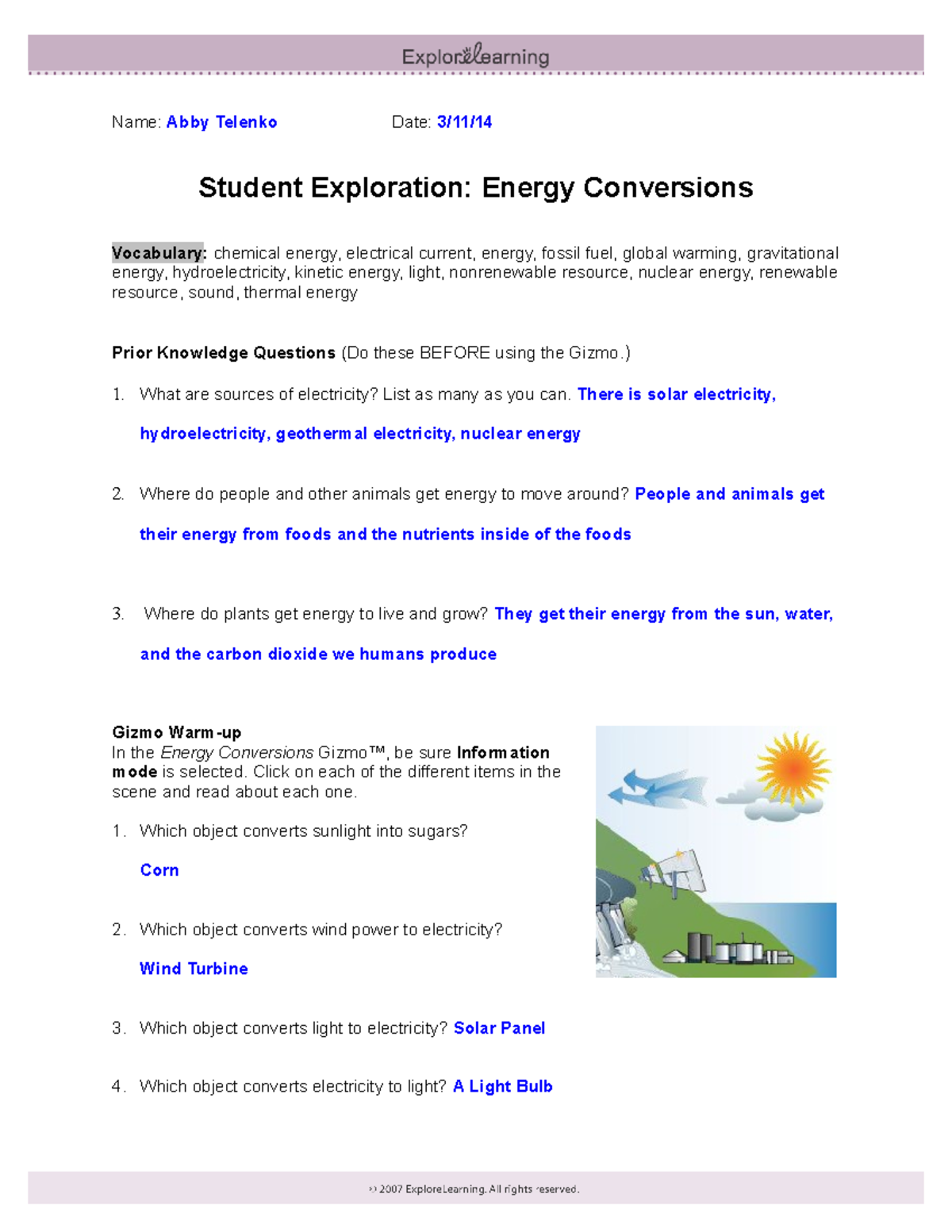 Energy Conversions Answer Key