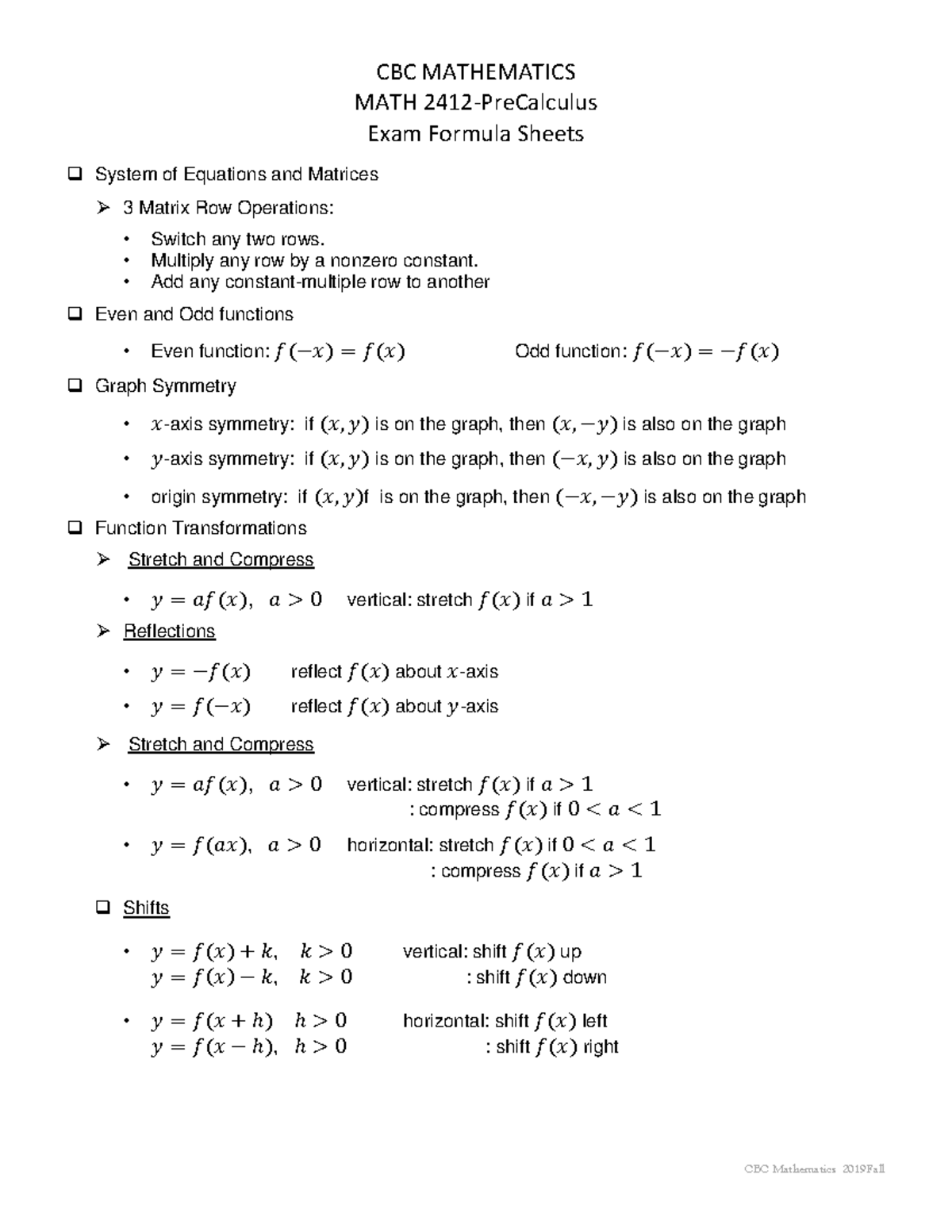 Formula Sheet MATH2412CVillarreal MATH 2412PreCalculus Exam Formula