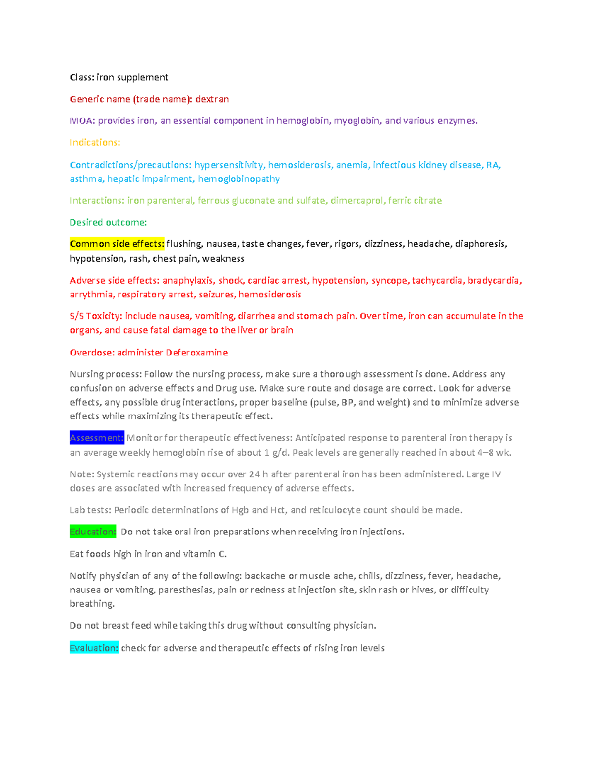 Dextran Class iron supplement Generic name (trade name) dextran MOA