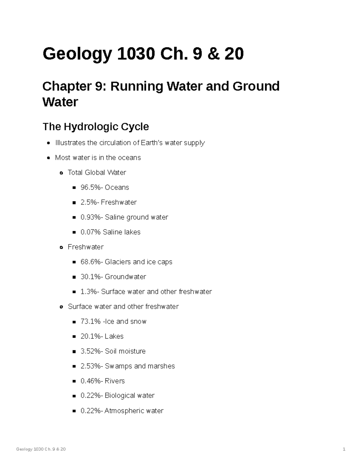 Geology 1030 Ch. 9 & 20 - Notes for Chapter 9 & 20 for Dr. Kadiri ...