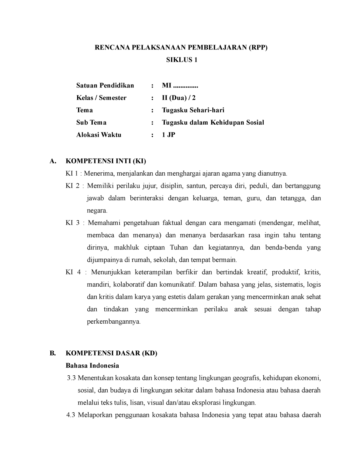 RPP Siklus 1 - RENCANA PELAKSANAAN PEMBELAJARAN (RPP) SIKLUS 1 Satuan ...