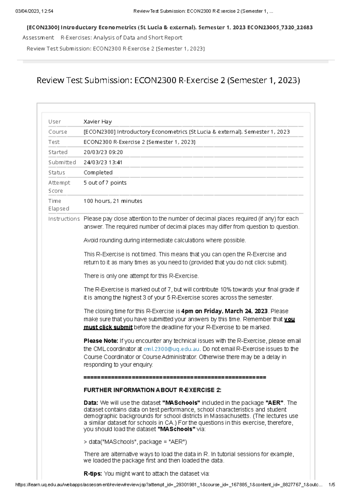 Review Test Submission ECON2300 R-Exercise 2 (Semester 1, - Review Test ...