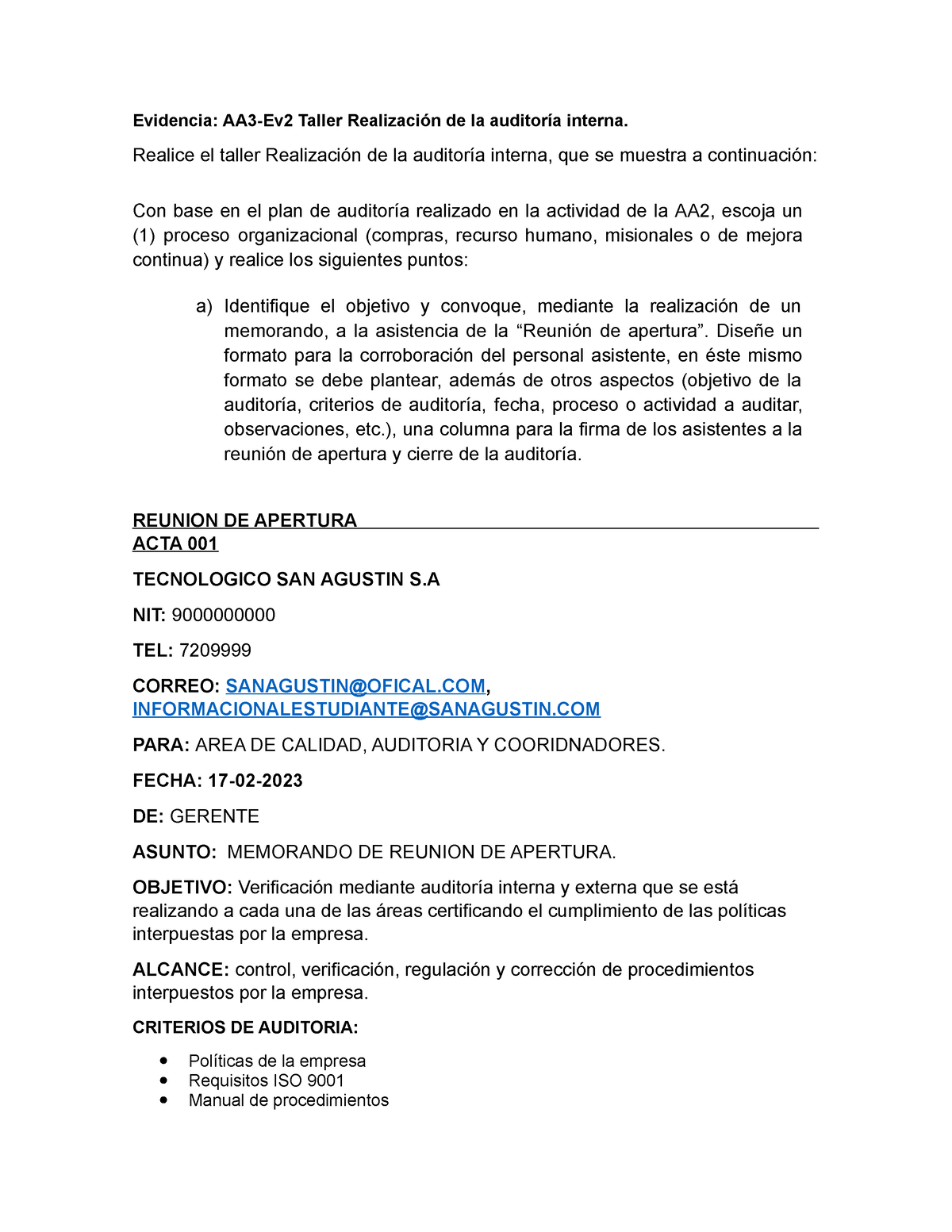 Evidencia Aa3 Ev2 Taller Realización De La Auditoría Interna Realice El Taller Realización De 6751