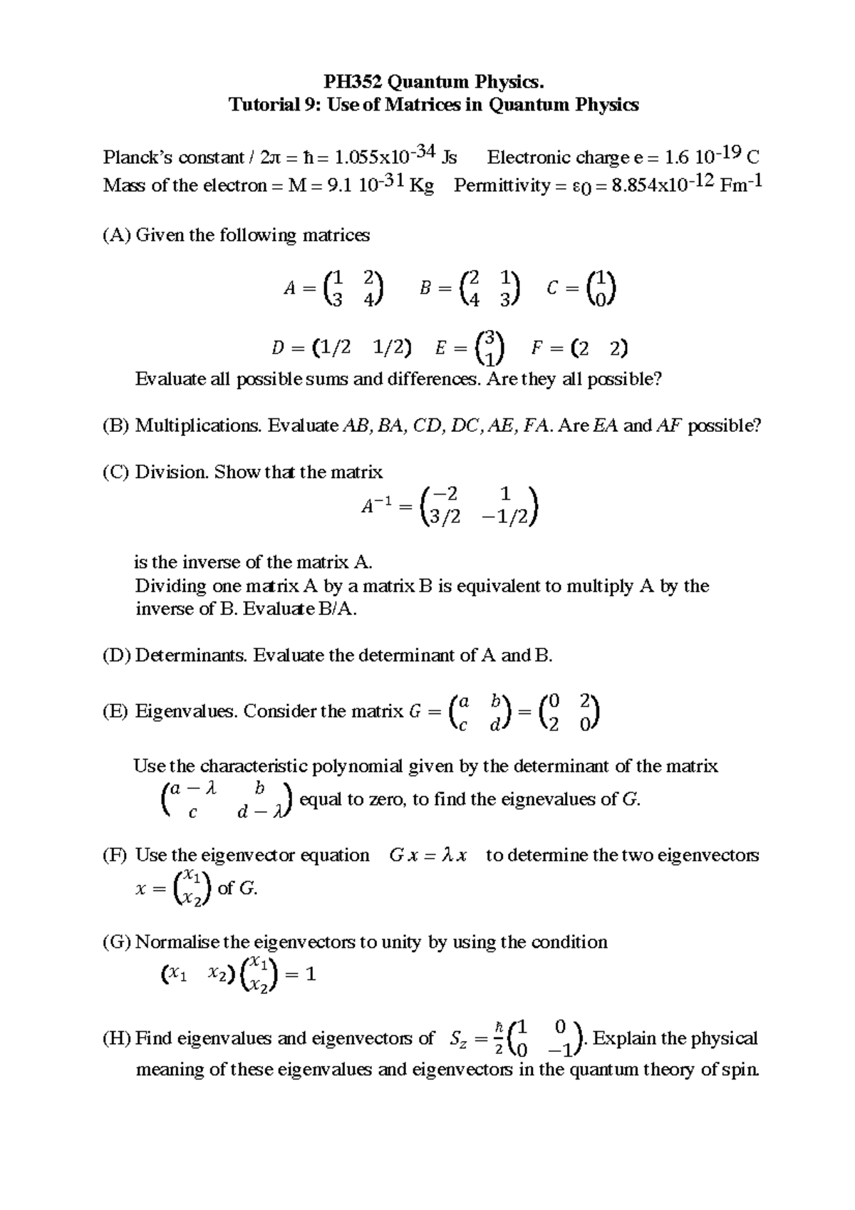 Quantum Physics Tutorial 9 Questions Ph352 Quantum Physics Tutorial Use Of Studocu