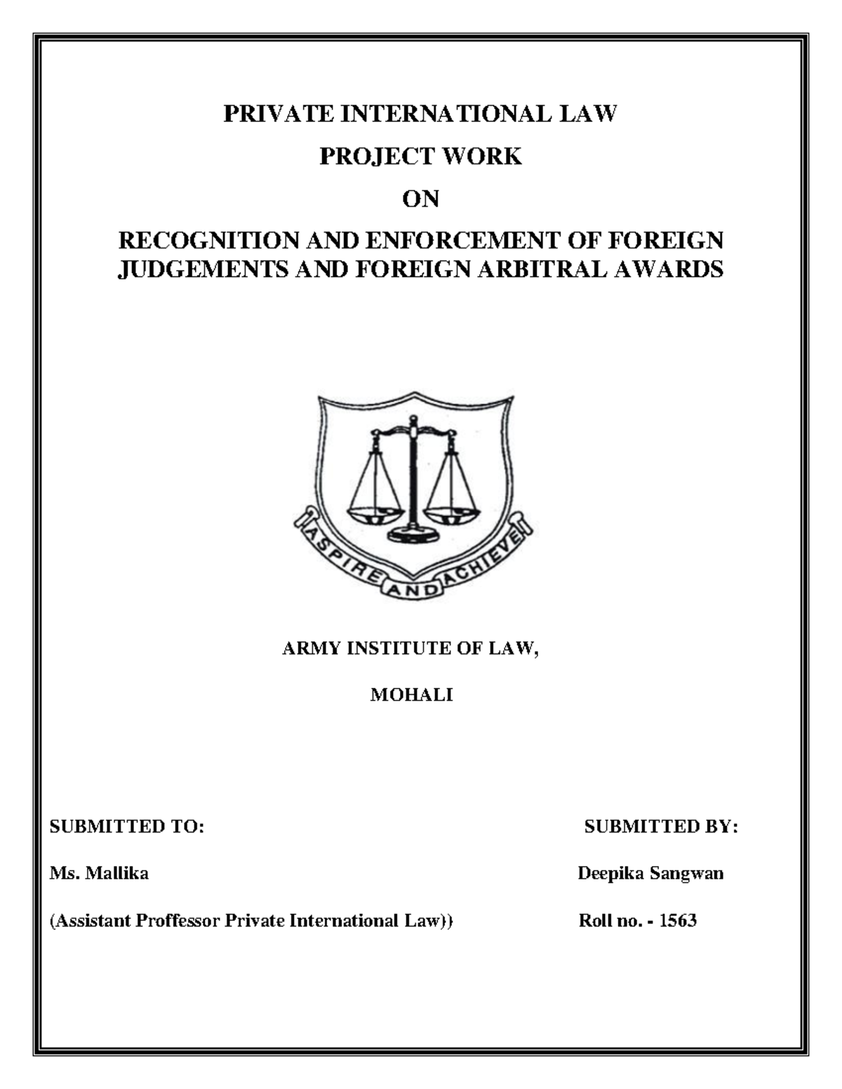 foreign judgements PRIVATE INTERNATIONAL LAW PROJECT WORK ON