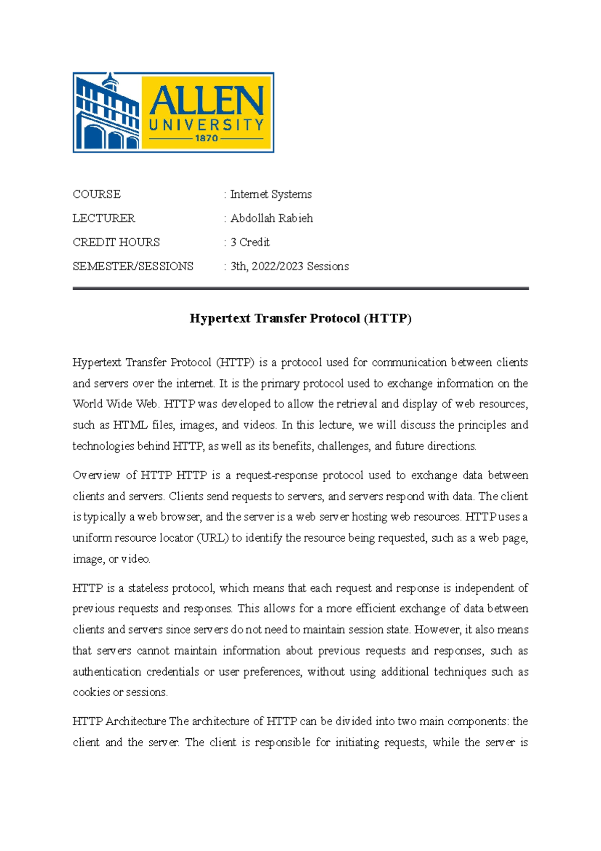 Hypertext Transfer Protocol (HTTP) Internet Systems - COURSE : Internet ...