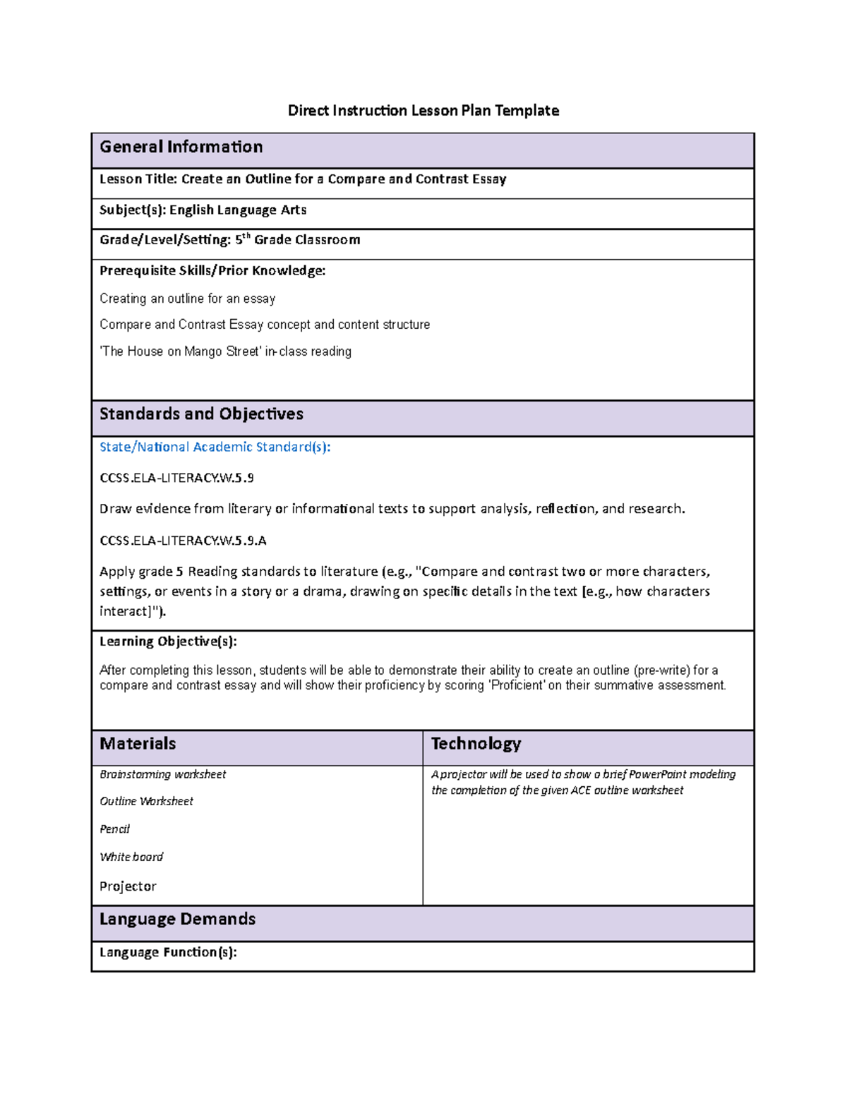 Summarizing Lesson Plan 5th Grade