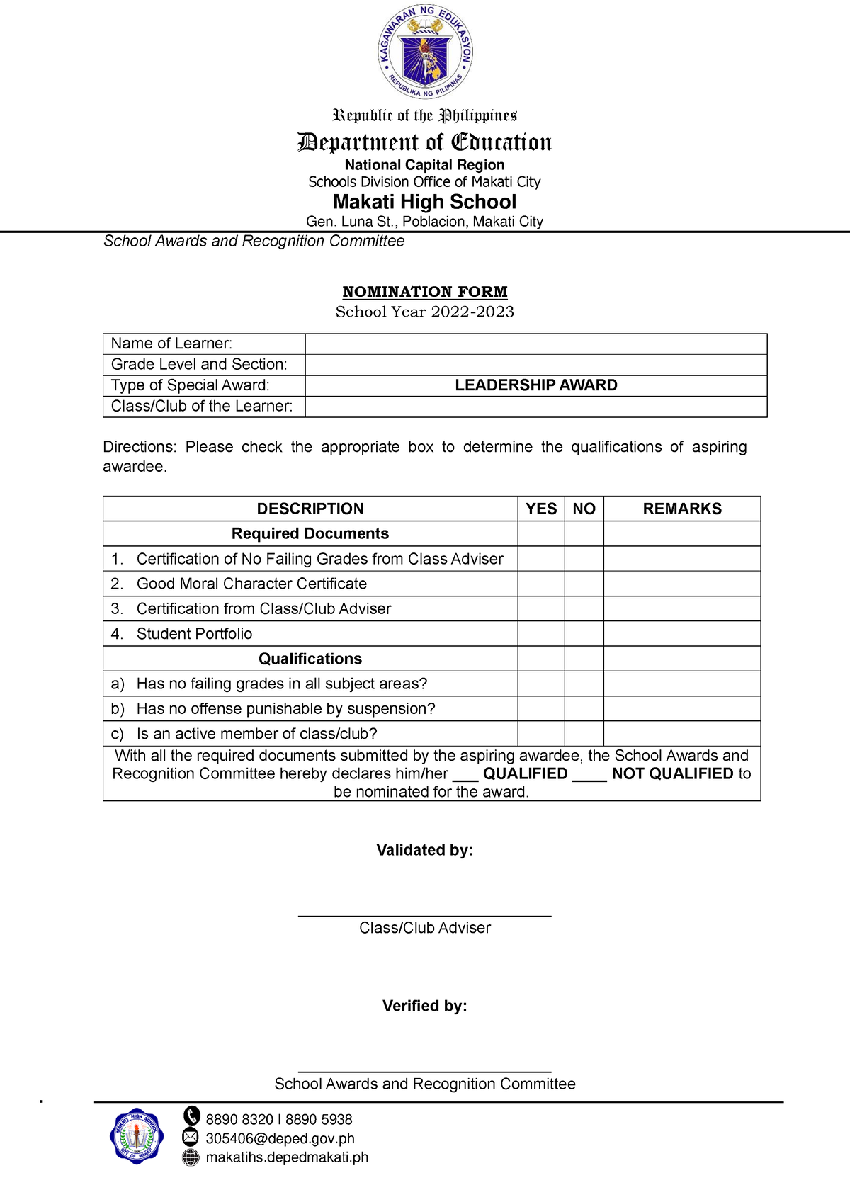 MHS-SARC Nomination Forms - 8890 8320 I 8890 5938 305406@deped.gov ...