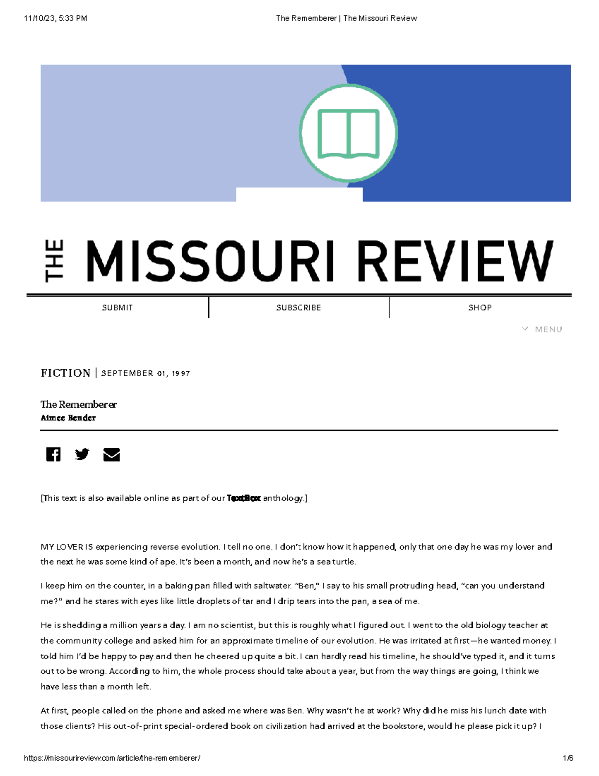 The Rememberer The Missouri Review - F ICTION | S E P T E M B E R 0 1 ...