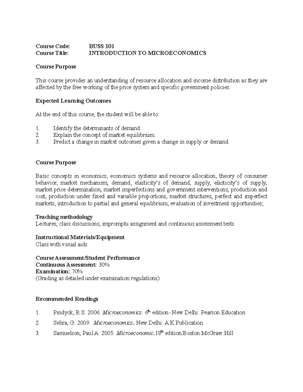 BUSS 101 - Introduction TO Microeconomics - Course Code: BUSS 101 ...