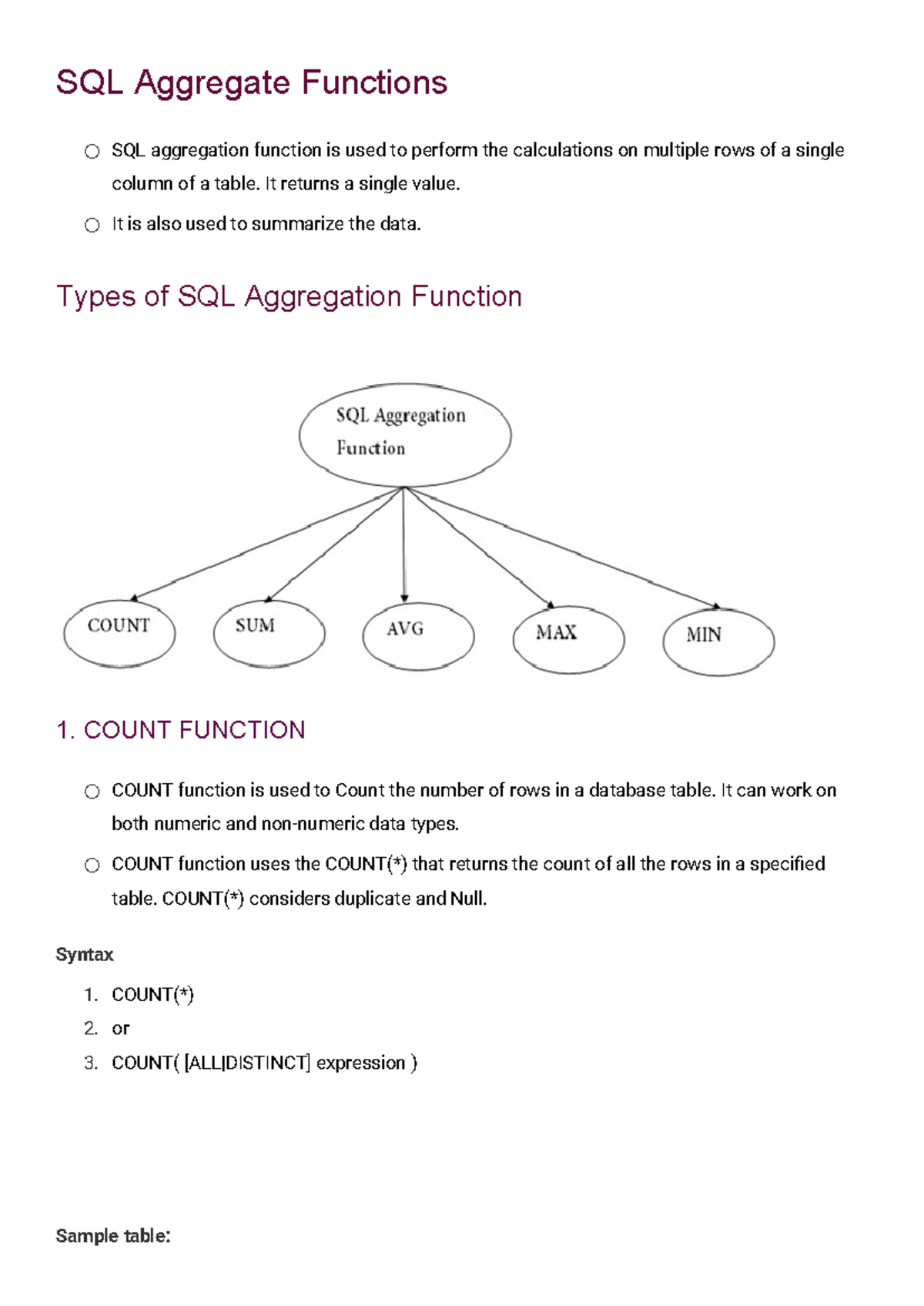 SQL Aggregate Functions - It returns a single value. It is also used to ...