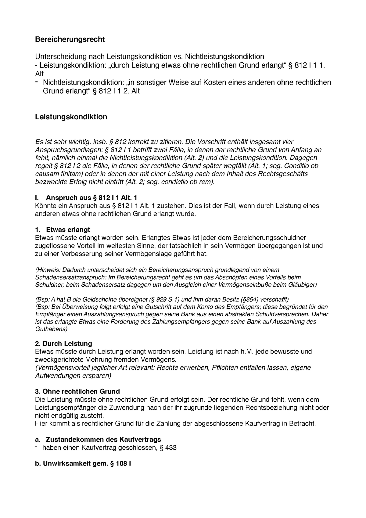 Leistunskondiktion - § 812 Schema - Bereicherungsrecht Unterscheidung ...