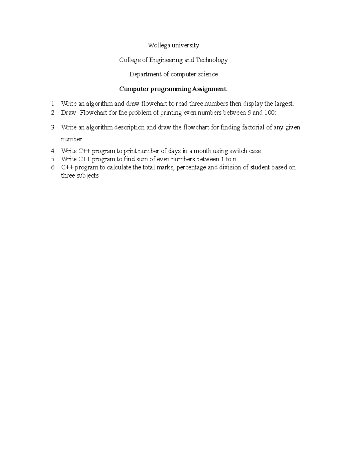 Computer programming-civil - Wollega university College of Engineering ...