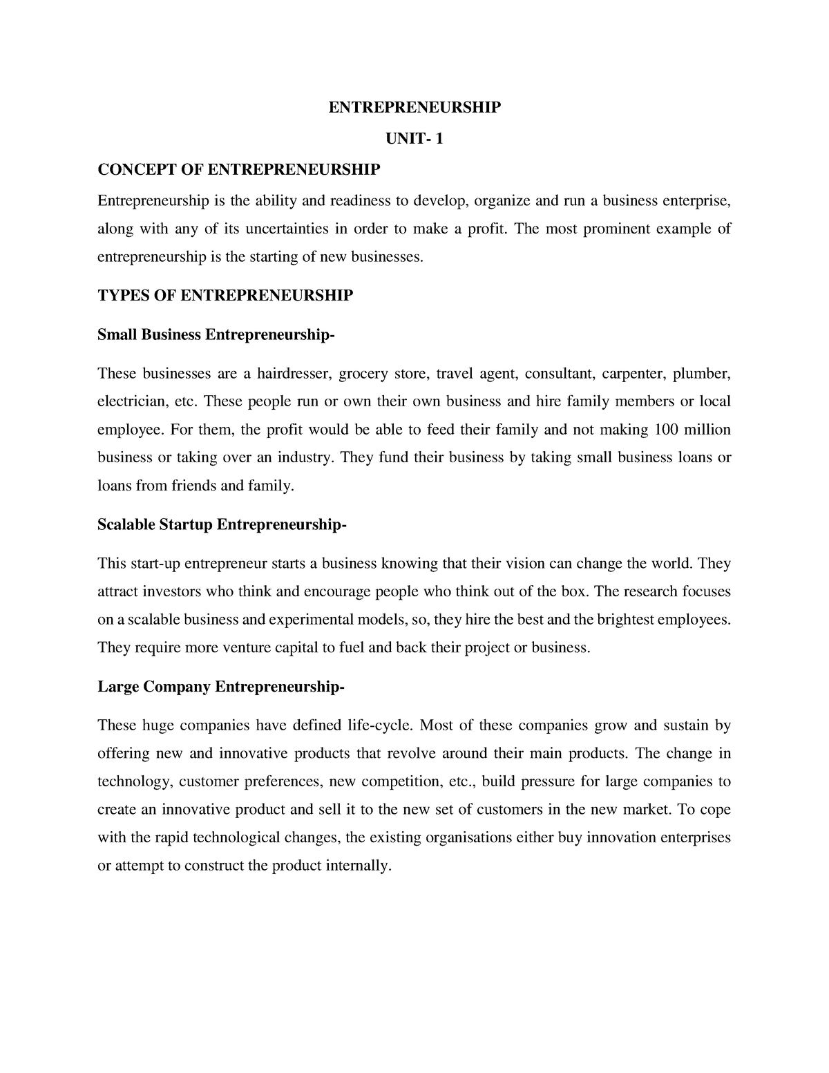 Entrepreneurship Unit 1 Notes - ENTREPRENEURSHIP UNIT- 1 CONCEPT OF ...