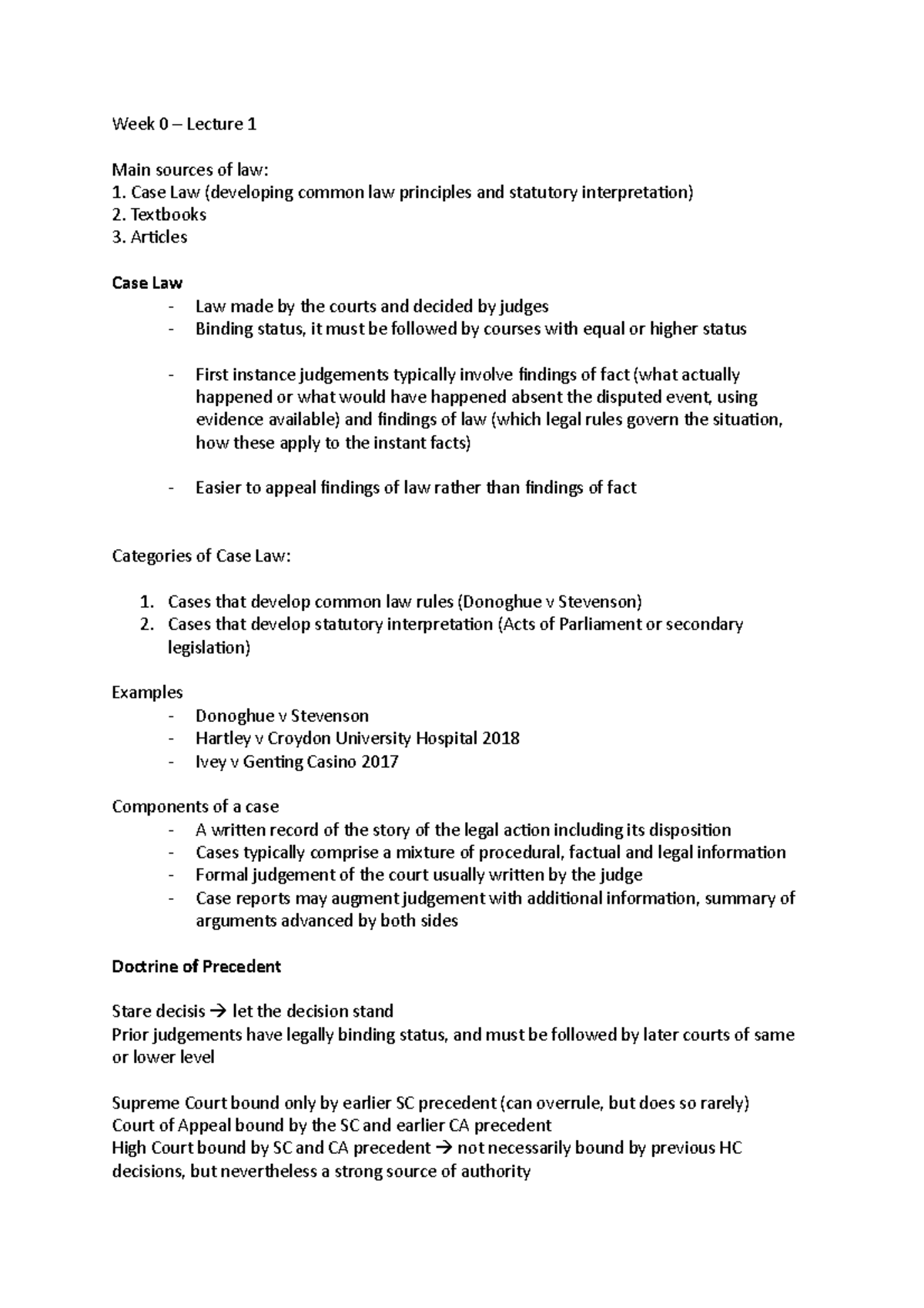 Intro Week 0 Lecture 1 Main sources of law Case Law (developing
