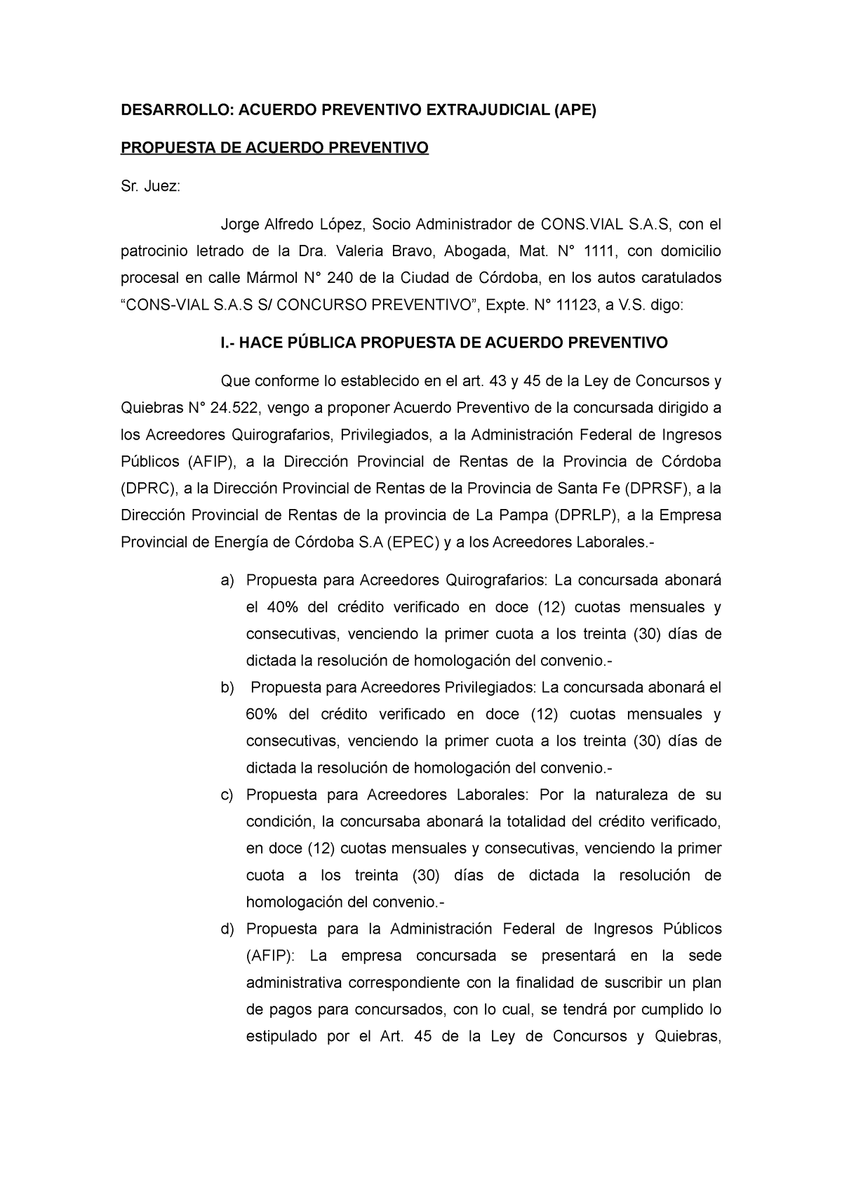 Tp2 Foro Concursos Y Quiebras Desarrollo Acuerdo Preventivo Extrajudicial Ape Propuesta De 5601