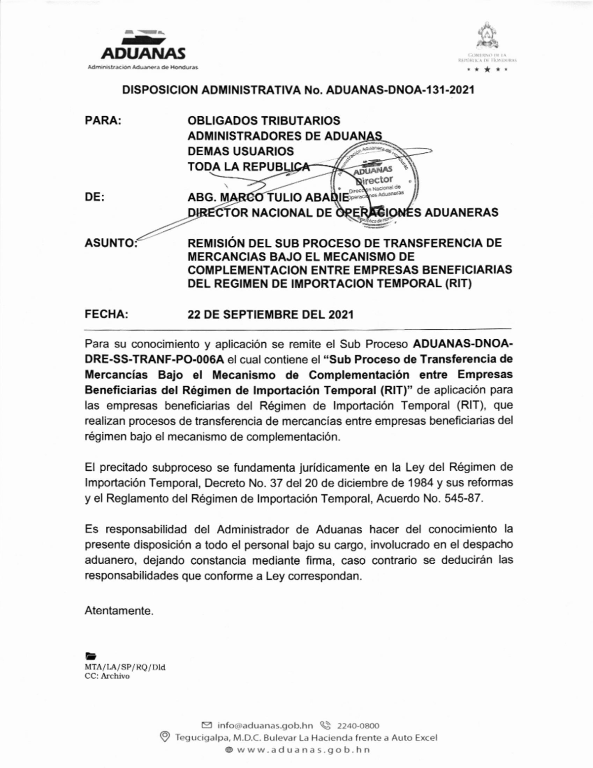 Disposicion Administrativa Aduanas DNOA 131 2021 SUB Proceso ...
