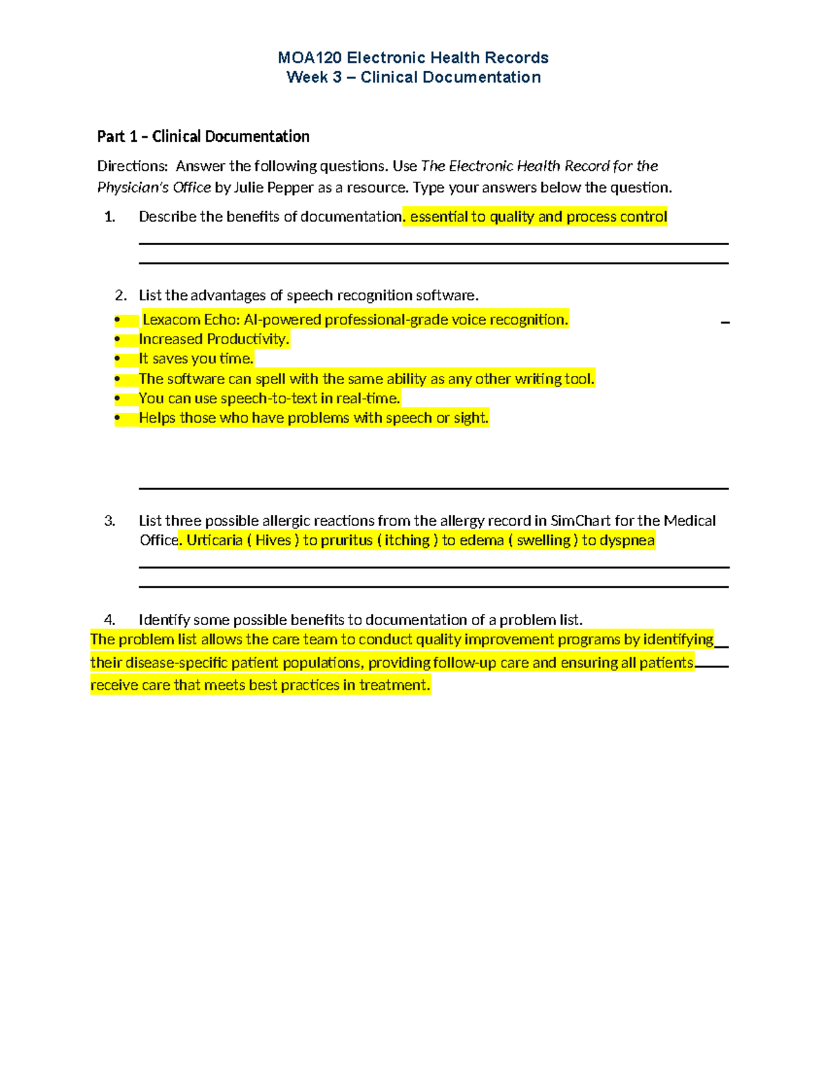 Wk3Assignment2024 - MOA120 Electronic Health Records Week 3 – Clinical ...