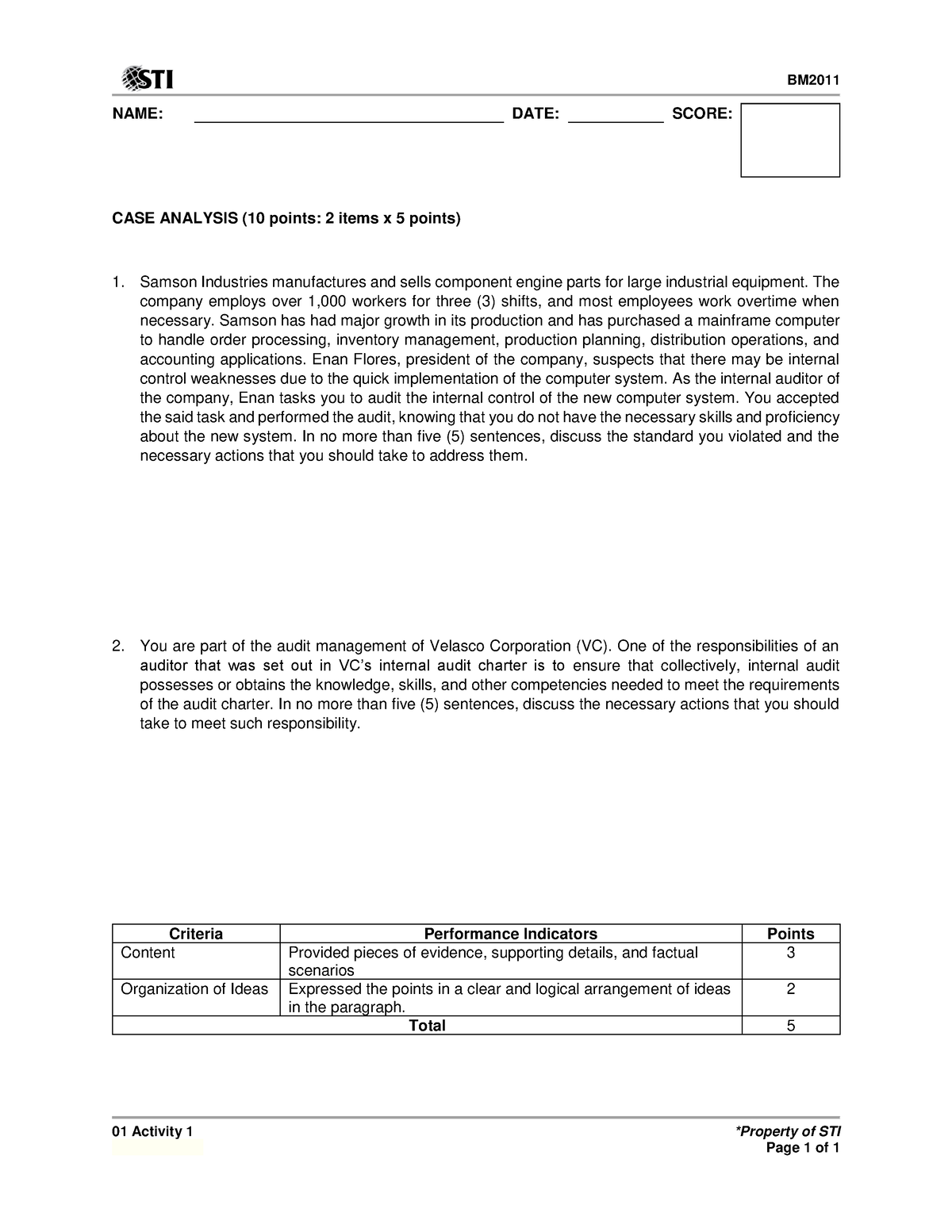 01 Activity 1 - Practice Materials - BM 01 Activity 1 *Property Of STI ...