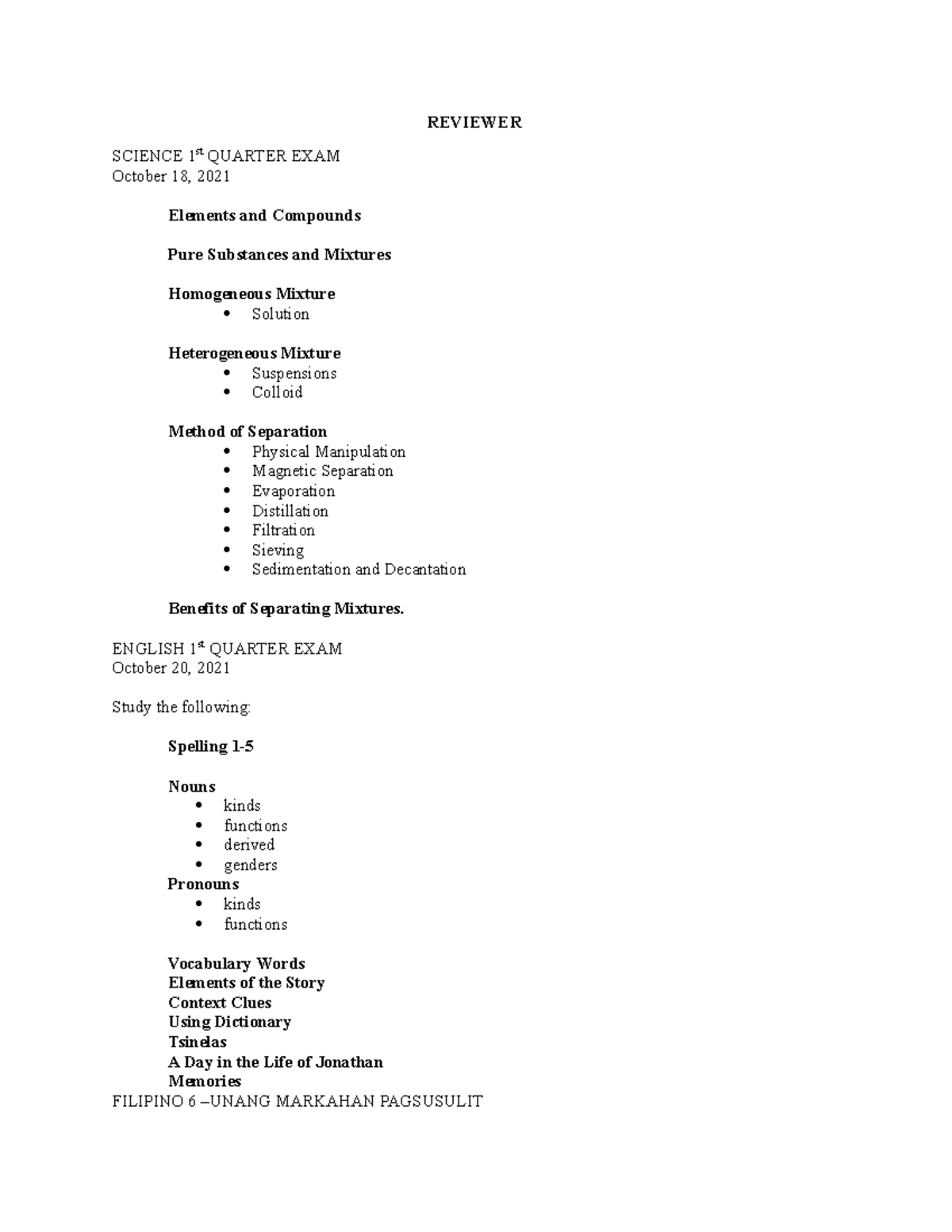 REVIEWER.docx - REVIEWER SCIENCE 1st QUARTER EXAM October 18, 2021 ...