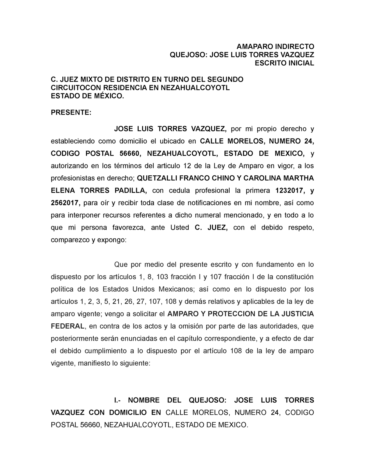 Amparo Indirecto por Indebida Notificación - AMAPARO INDIRECTO QUEJOSO:  JOSE LUIS TORRES VAZQUEZ - Studocu