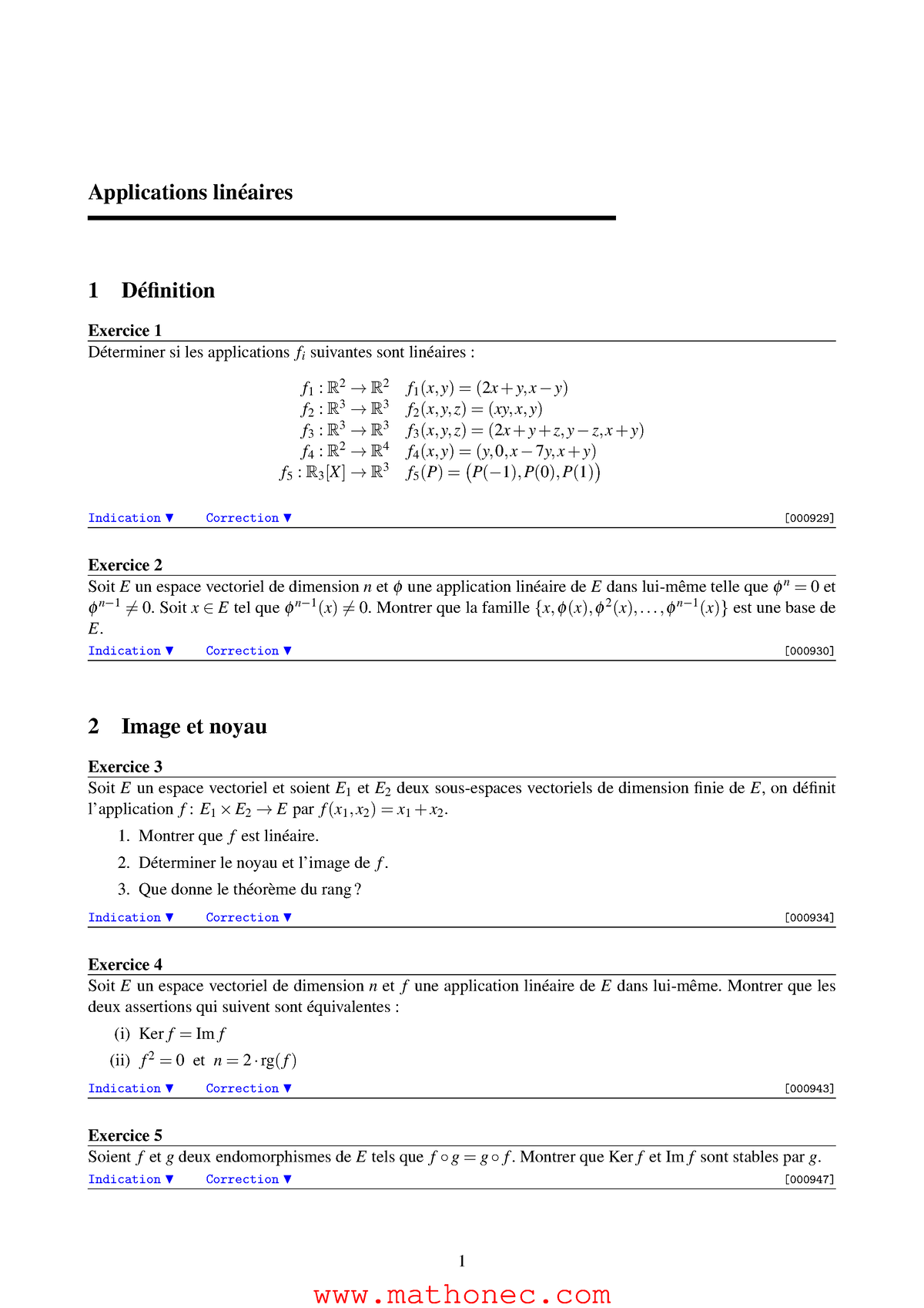 Exercices Applications Linéaires - Applications Linéaires 1 Définition ...