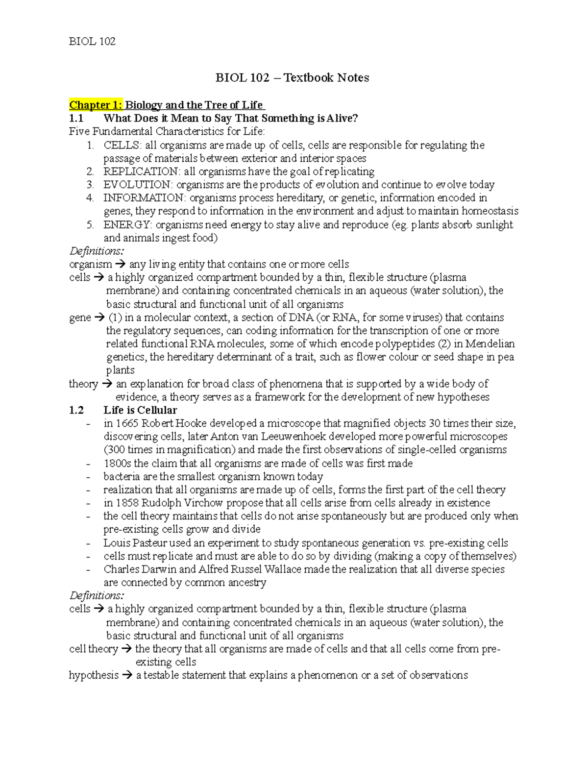 BIOL 102 Textbook Notes - BIOL 102 – Textbook Notes Chapter 1: Biology ...