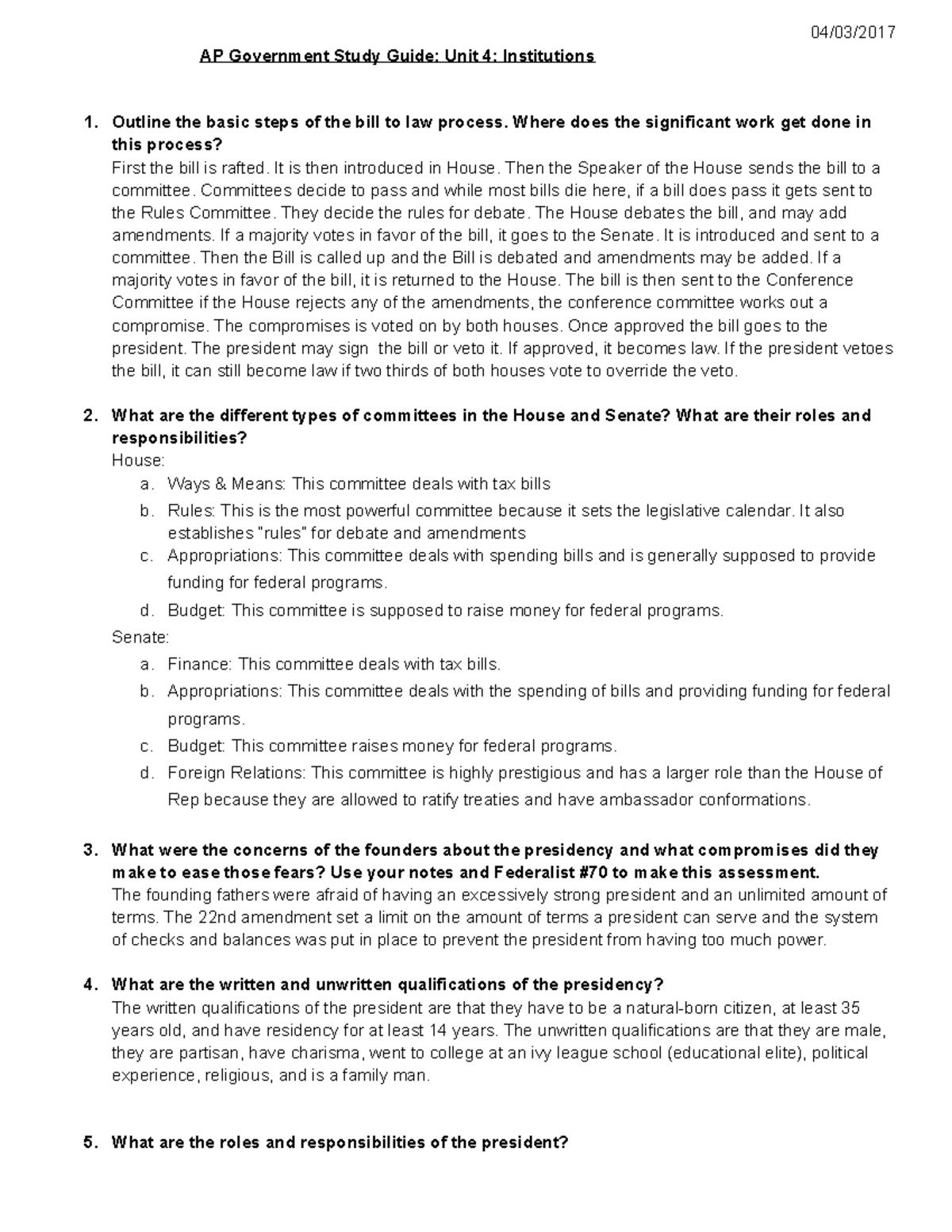 Unit 4 Study Guide: Institutions - 04/03/ AP Government Study Guide ...