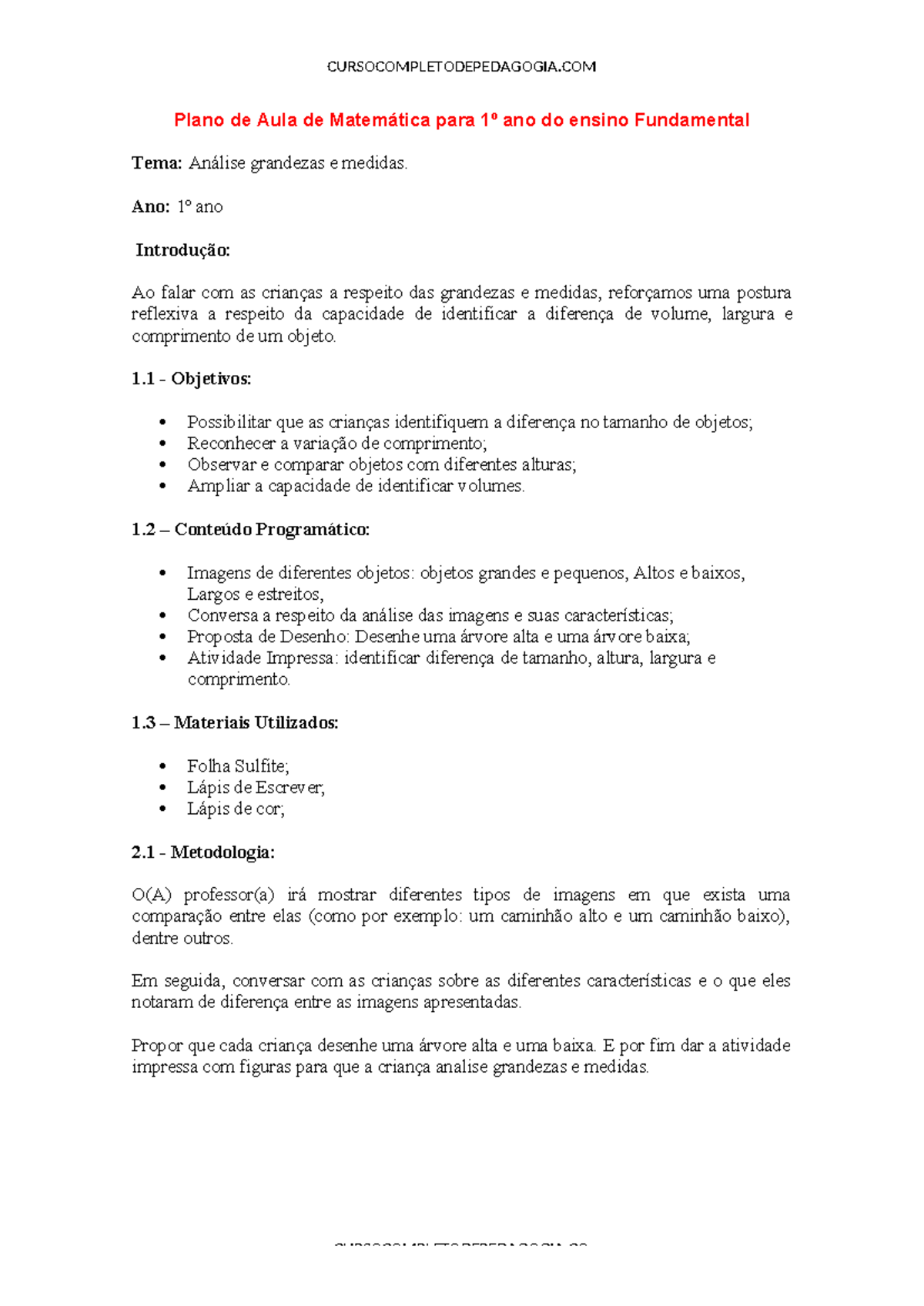 Plano de Aula de Matematica para 1o ano do ensino Fundamental ...