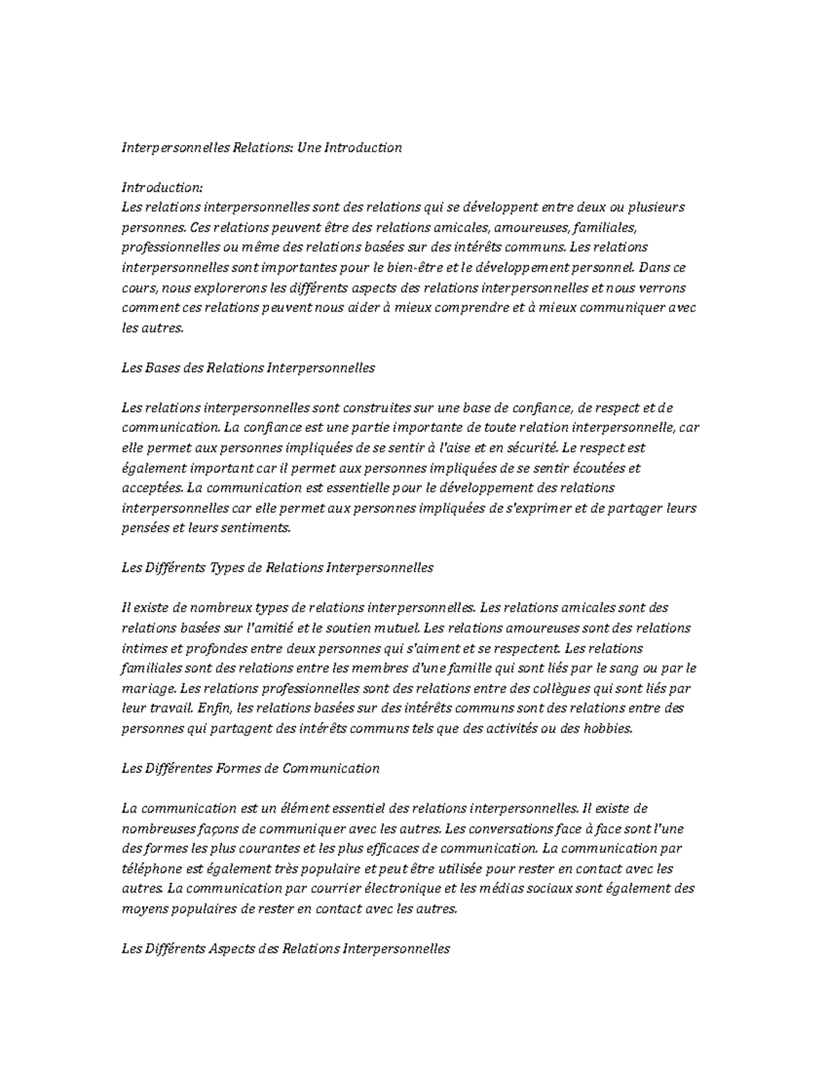 Interpersonal Relationships Study Notes - Interpersonnelles Relations ...