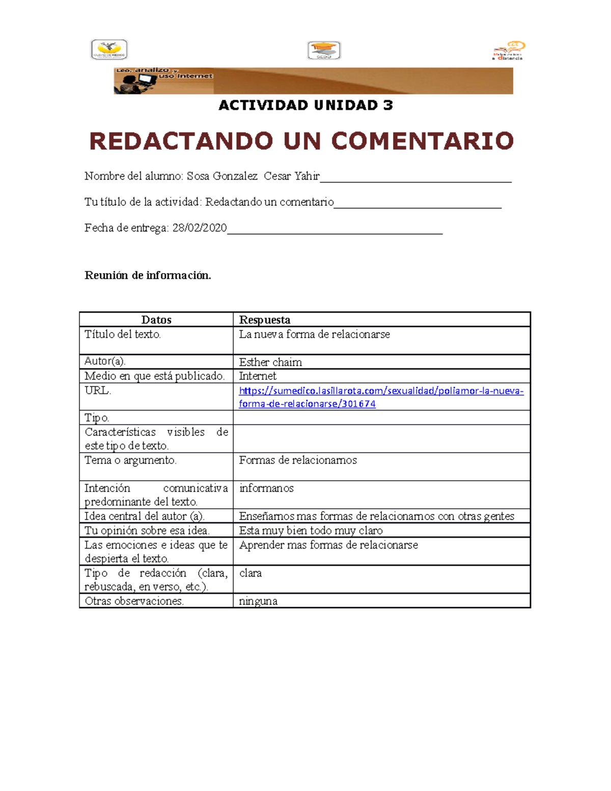 Badi19a - unidad 1 - ACTIVIDAD UNIDAD 3 REDACTANDO UN COMENTARIO Nombre ...