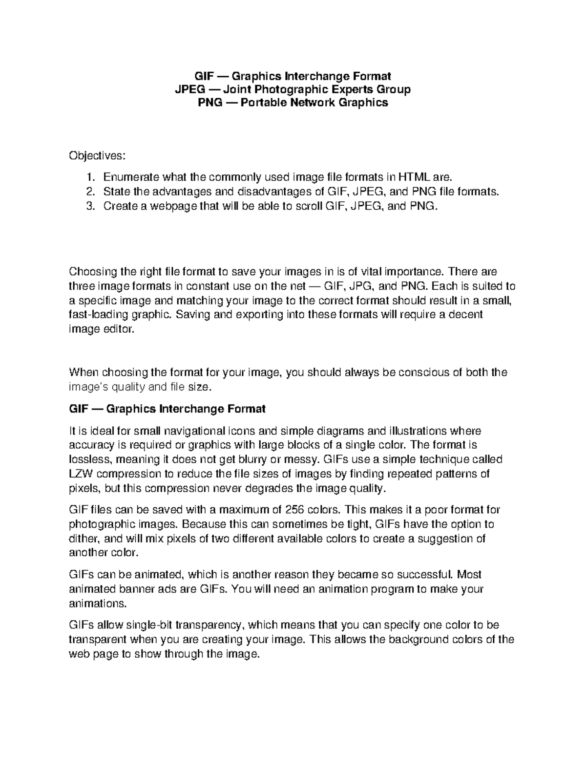 ICT-9-Q3-Week-2 - ict - GIF Graphics Interchange Format JPEG Joint ...