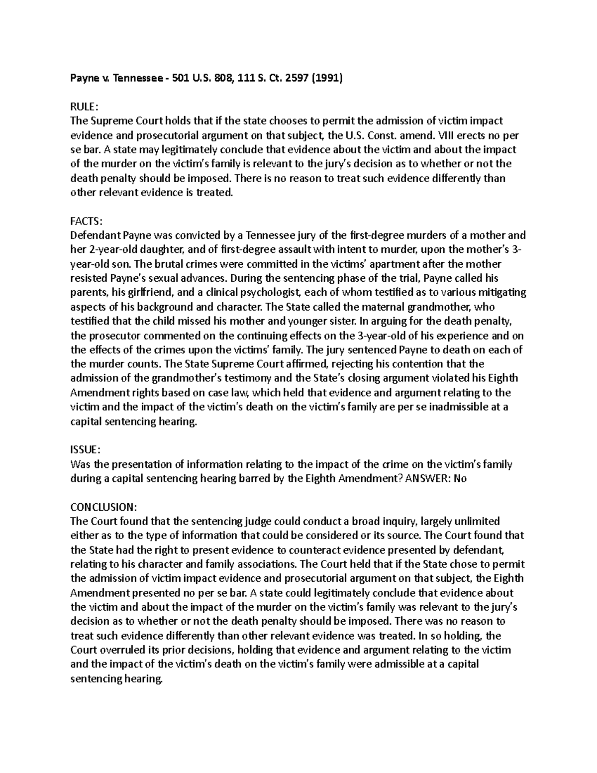 Payne v Tennesse Brief Criminal Law Payne v. Tennessee 501 U. 808