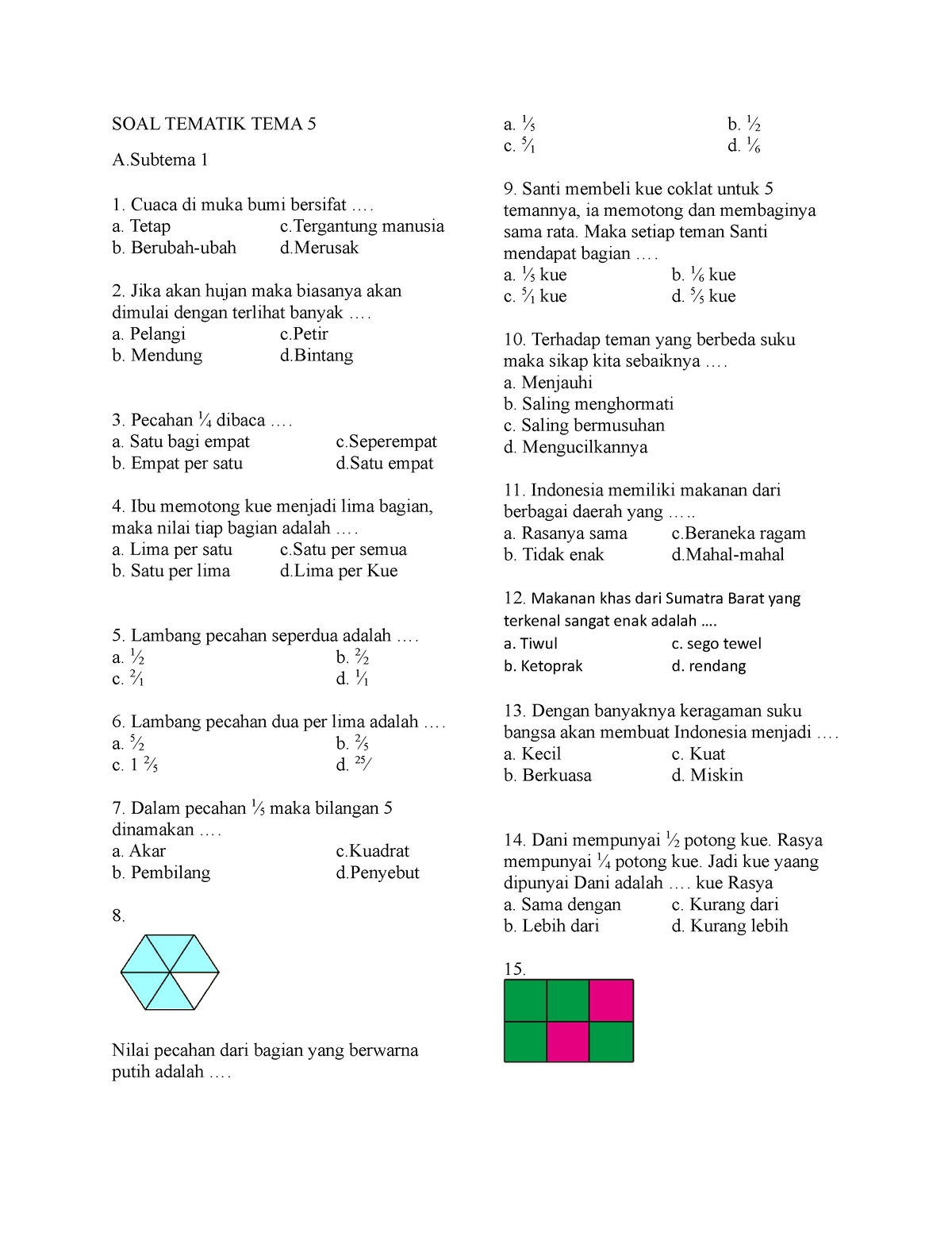 SOAL Tematik TEMA 5 - Fashgfhfdbs - SOAL TEMATIK TEMA 5 A 1 Cuaca Di ...