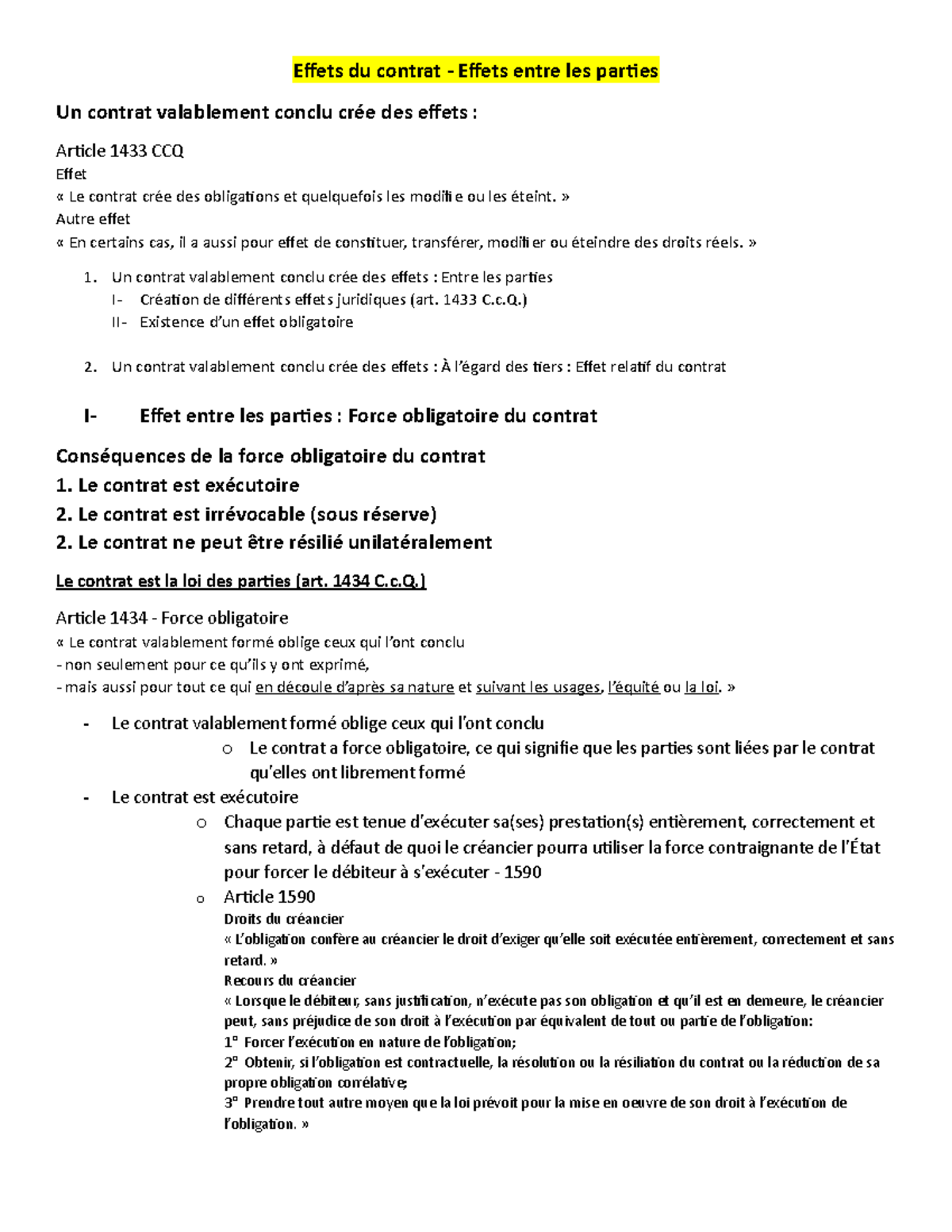 5 - Effets Du Contrat - Notes De Cours - Effets Du Contrat - Effets ...