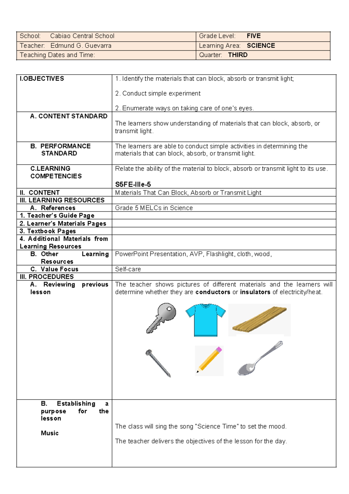 Lesson PLAN FOR CO 1 - dfasdf - School: Cabiao Central School Grade ...