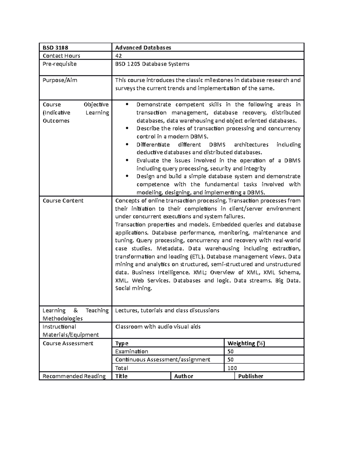 Sd 3108 Advanced Databases - Bsd 3108 Advanced Databases Contact Hours 