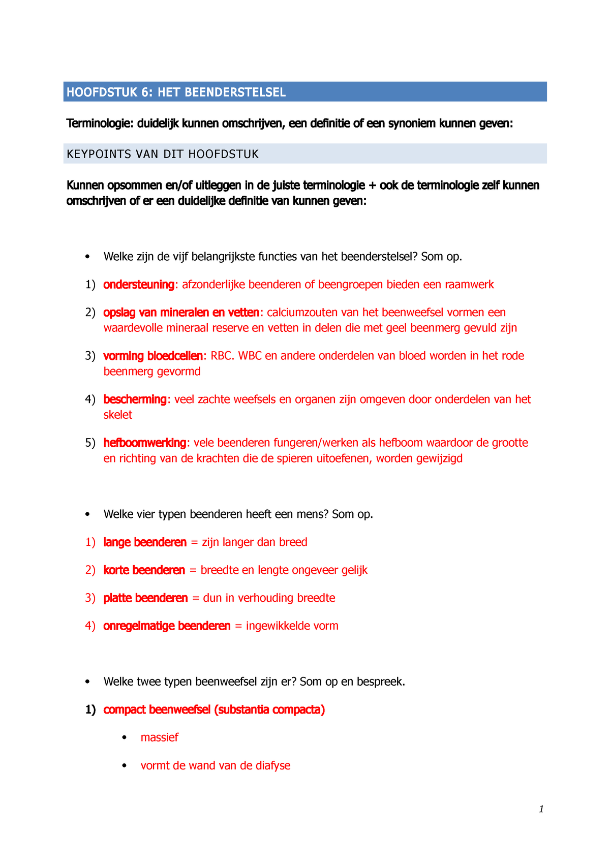 2122 06 Key Points Het Beenderstelsel Hoofdstuk 6 Het Beenderstelsel Terminologie Duidelijk 