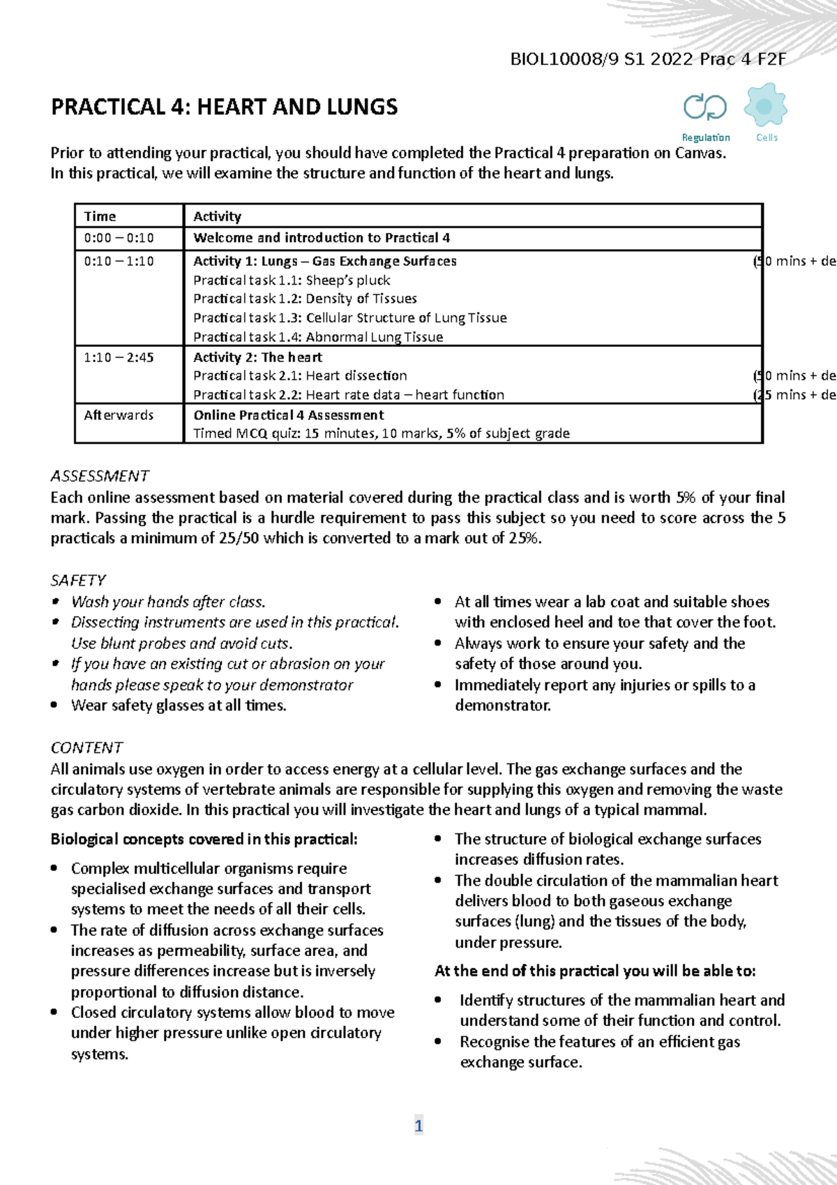 2022 BIOL10009 S1 Prac 4 F2F Student Notes - PRACTICAL 4: HEART AND ...