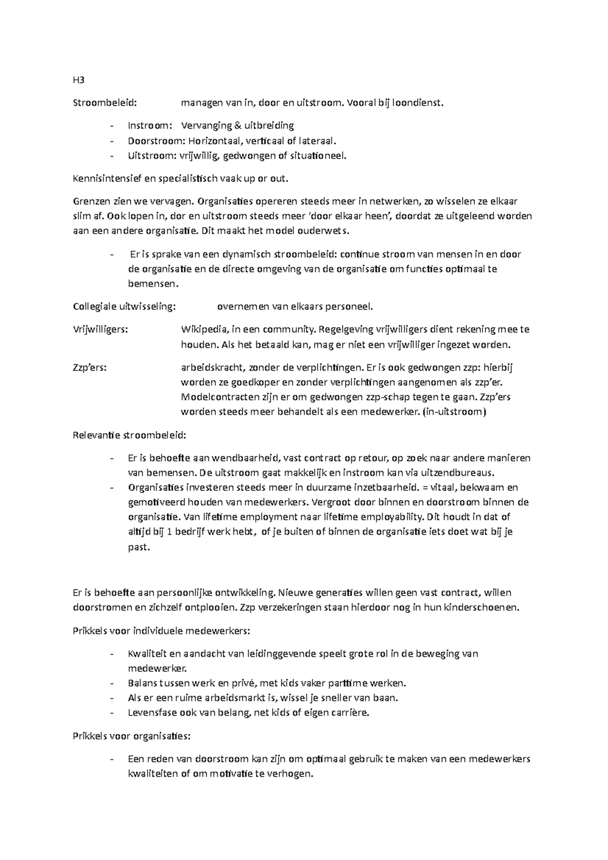 leerboek HRM samenvatting H3,H4,H5 - H3 Stroombeleid: managen van in ...