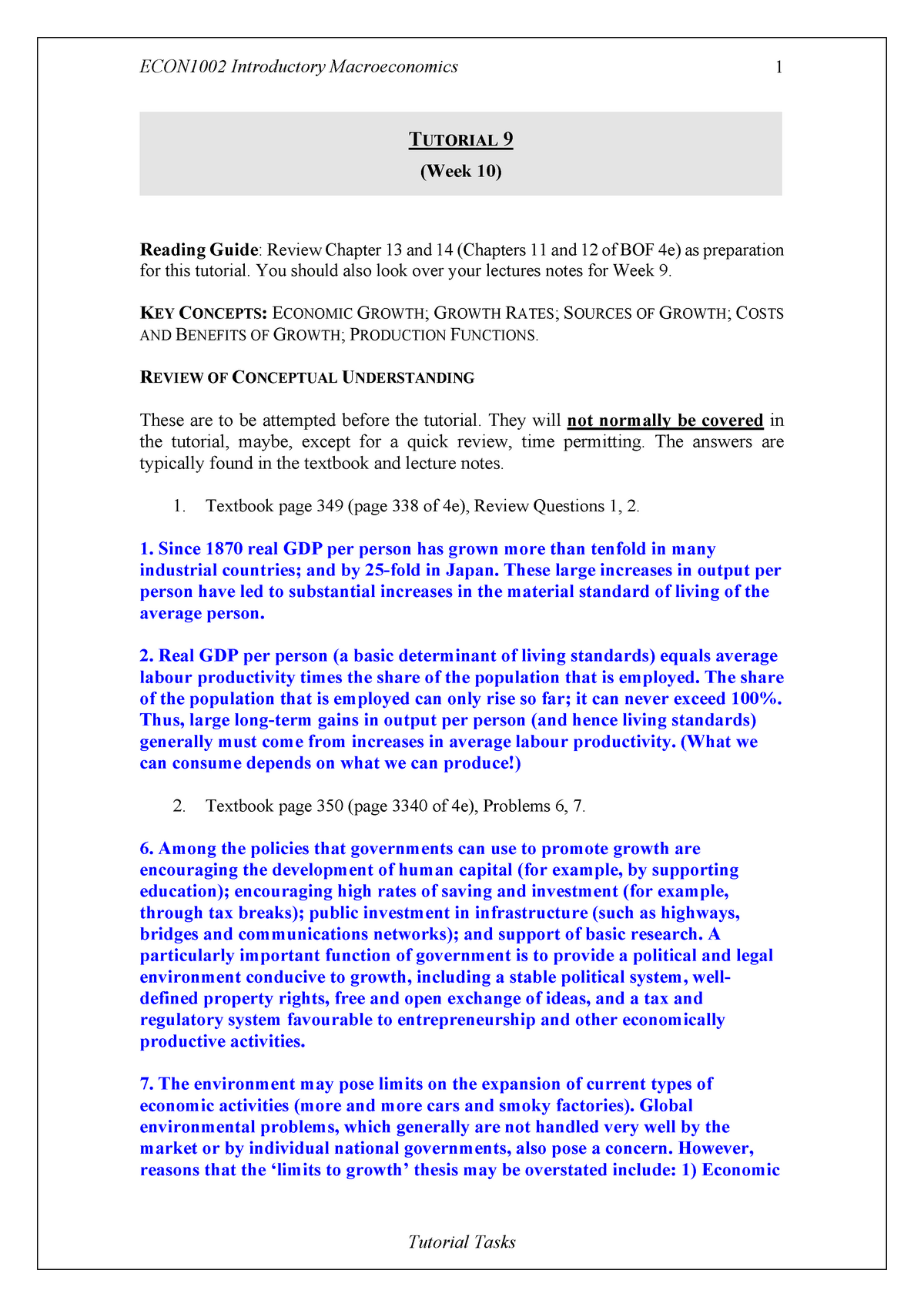 Econ1002 Tutorial 08 Answers For (Week 13) - ECON1002 - USyd - Studocu