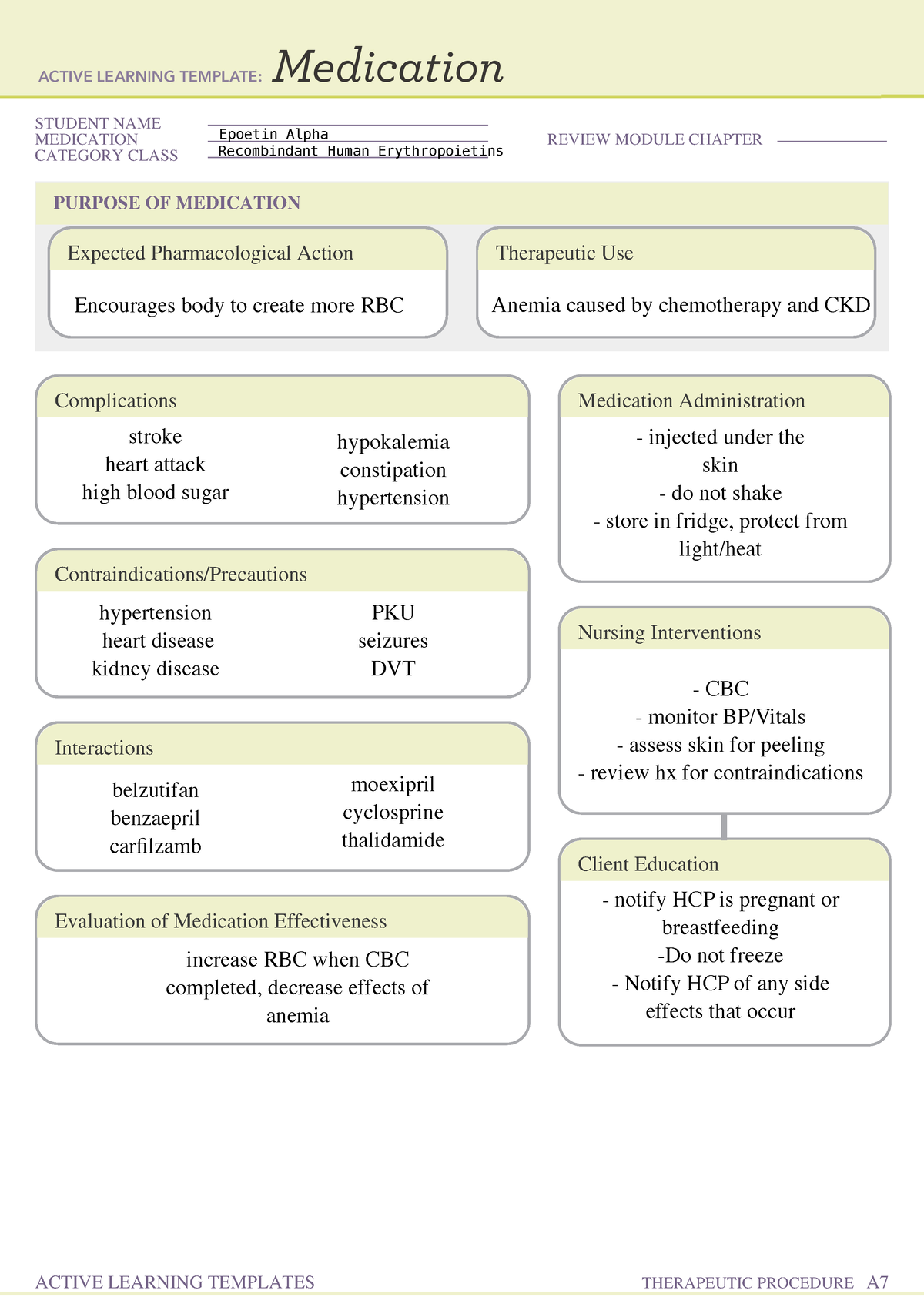 Epoetin Alpha Medication Templates NURS 400C STUDENT