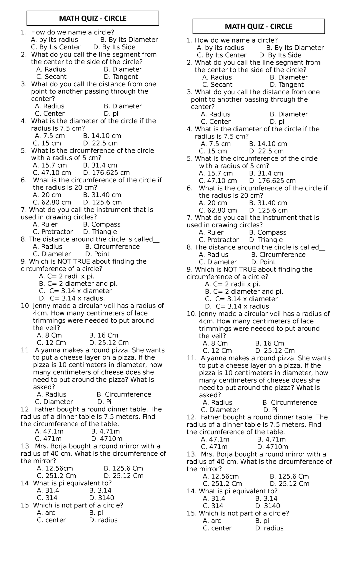 MATH QUIZ - Q3- Circle - PRACTICE REVIEW - How do we name a circle? A ...