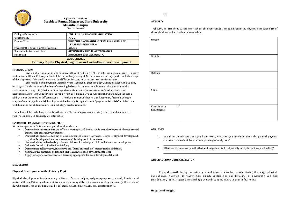 FTC1 Module 5 Preschooler - Republic of the Philippines President Ramon ...