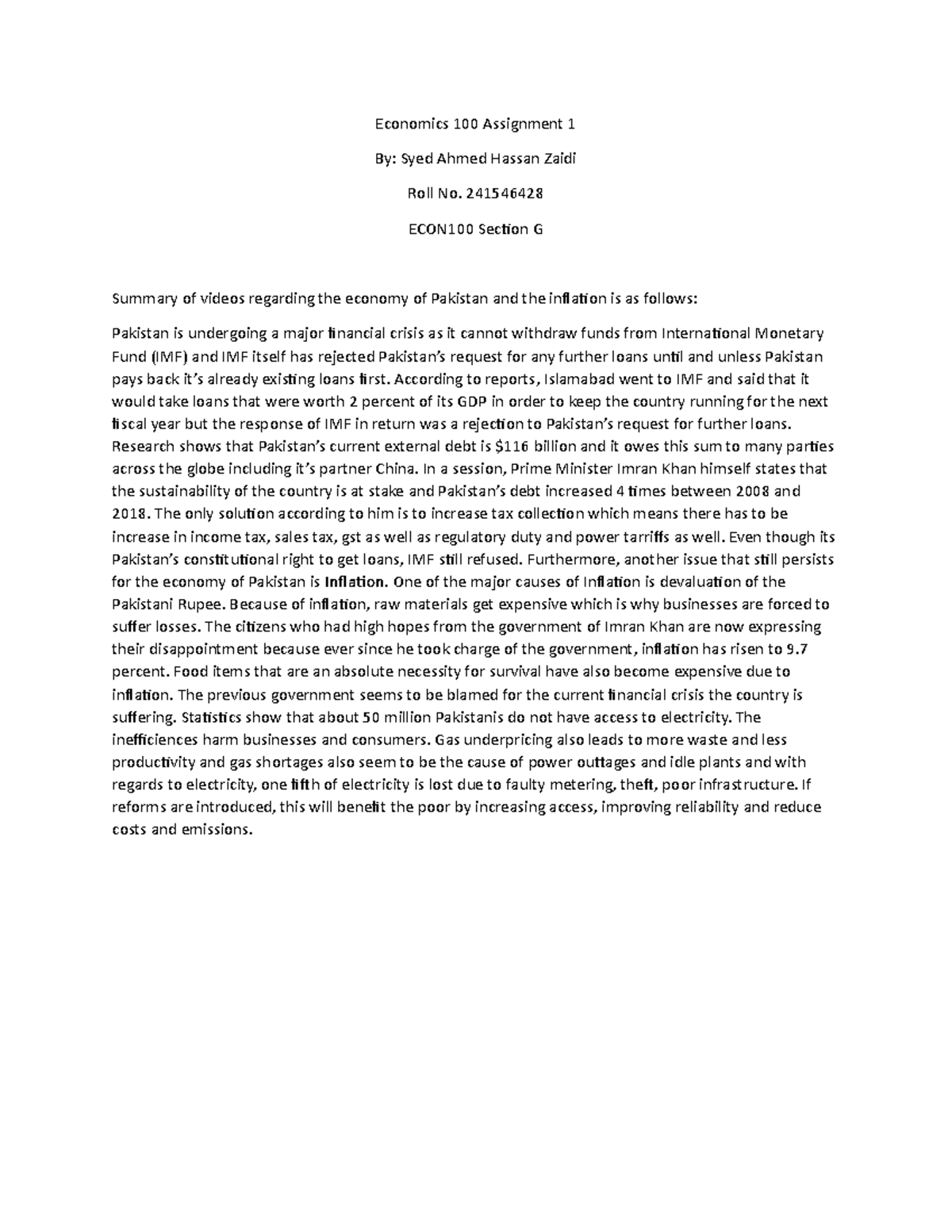 Economics 100 Assignment 1 - Economics 100 Assignment 1 By: Syed Ahmed ...